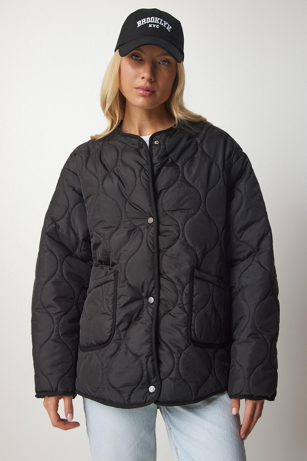 Black Oversized Quilted Coat, BLACK, large image number 5