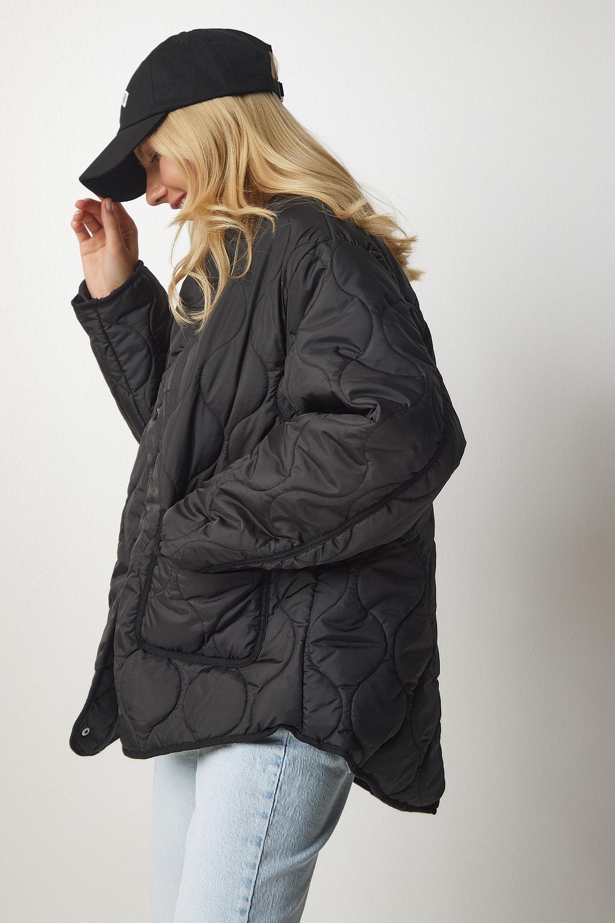Black Oversized Quilted Coat, BLACK, large image number 6