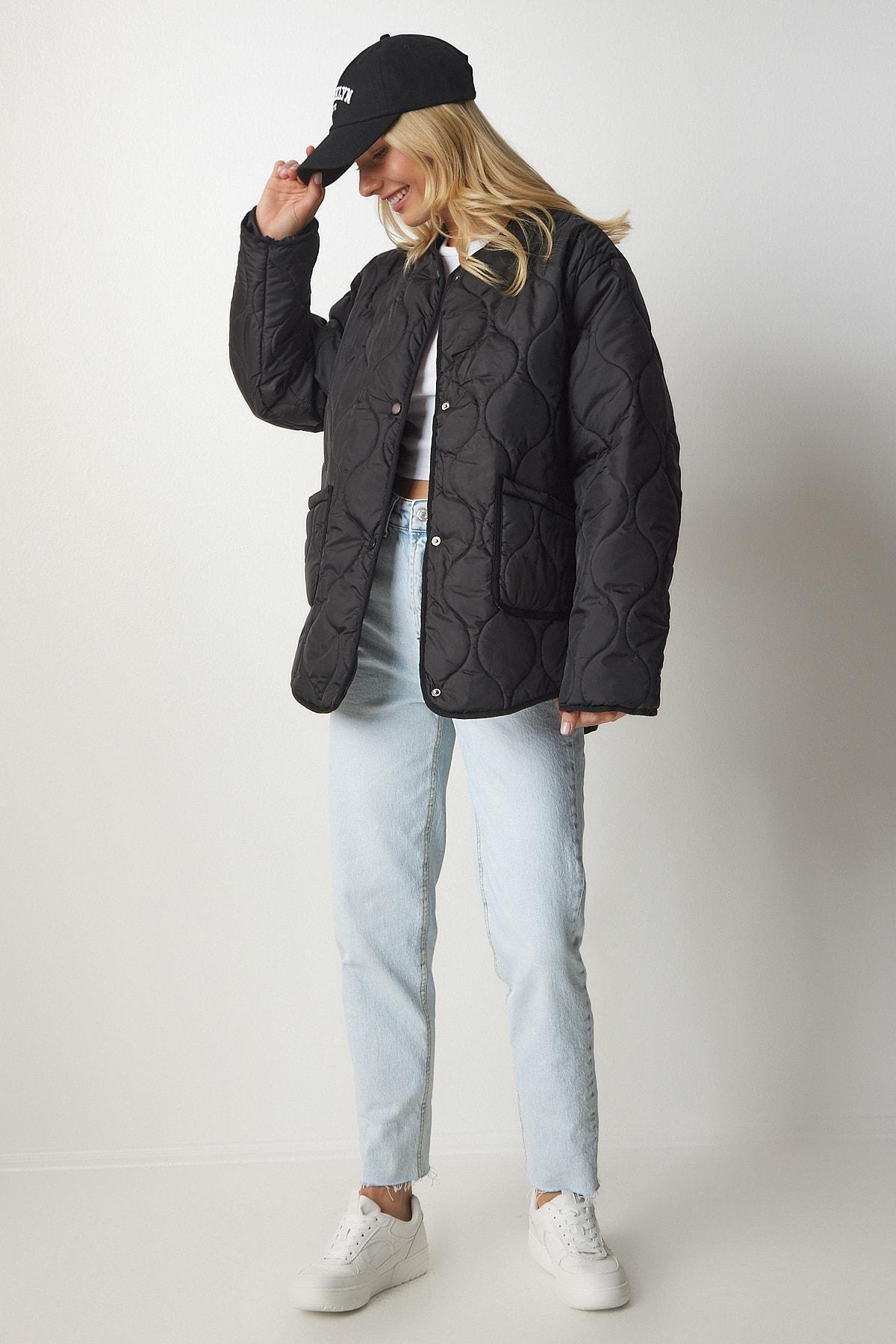 Black Oversized Quilted Coat, BLACK, large image number 7