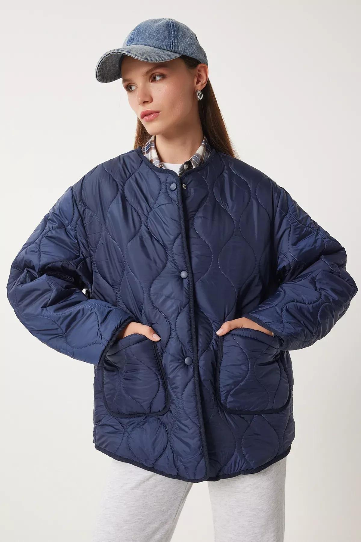 Navy Oversized Quilted Coat, , large image number 0
