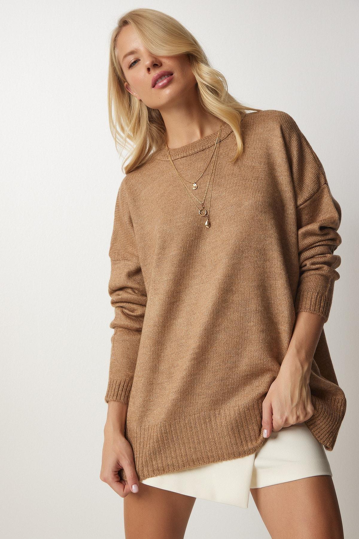 Happiness Istanbul - Brown Crew Neck Oversized Knitwear Sweater