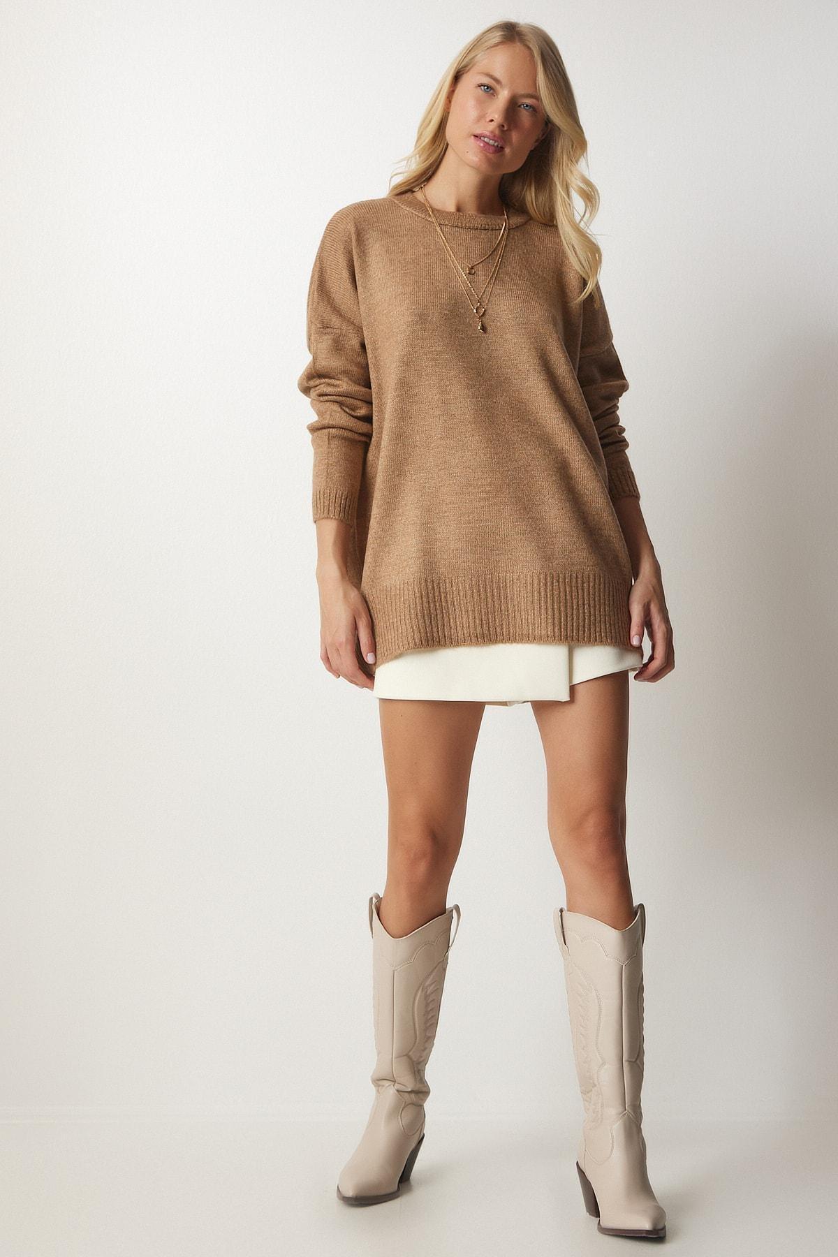 Happiness Istanbul - Brown Crew Neck Oversized Knitwear Sweater