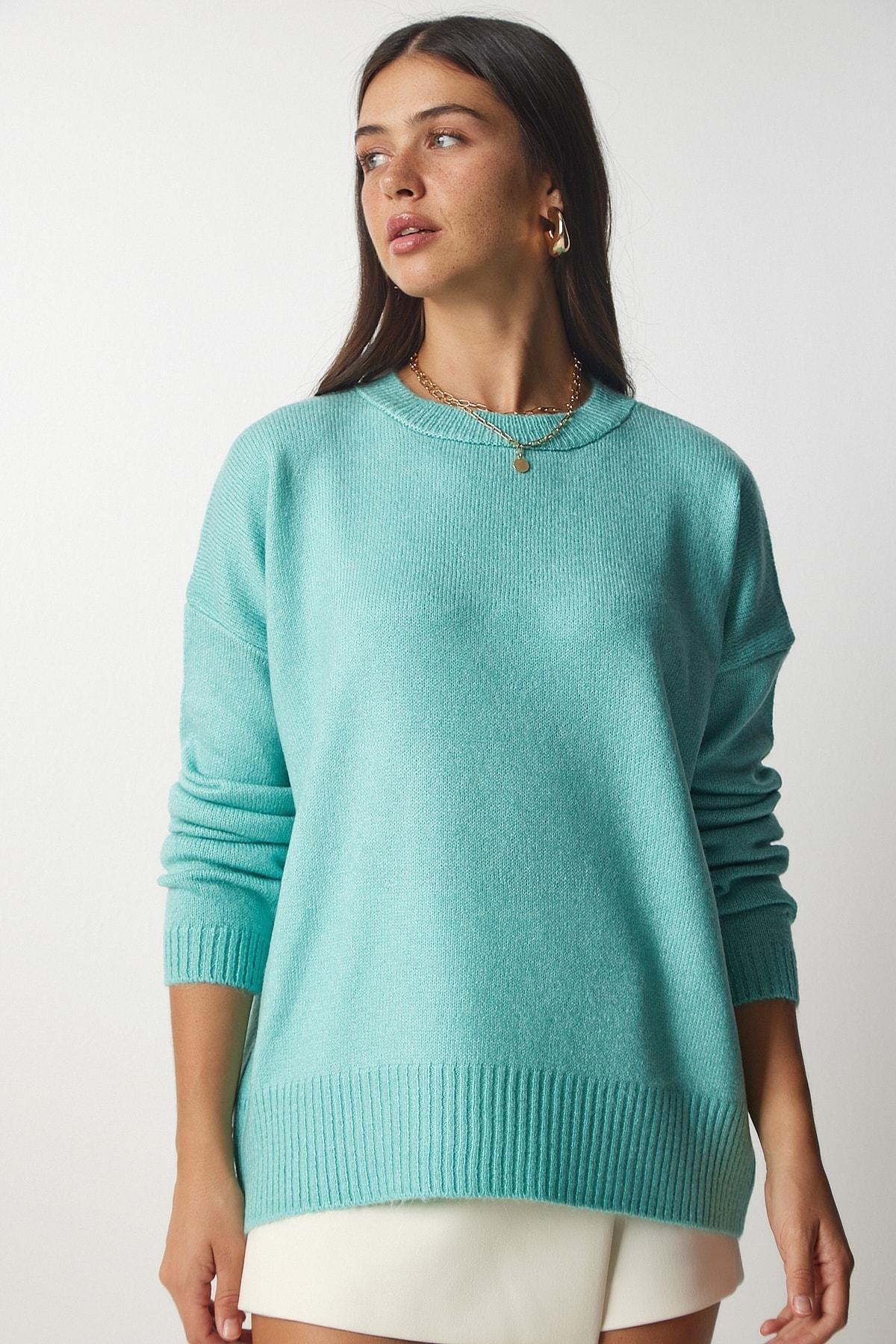 Happiness Istanbul - Green Crew Neck Oversize Knitwear Sweater