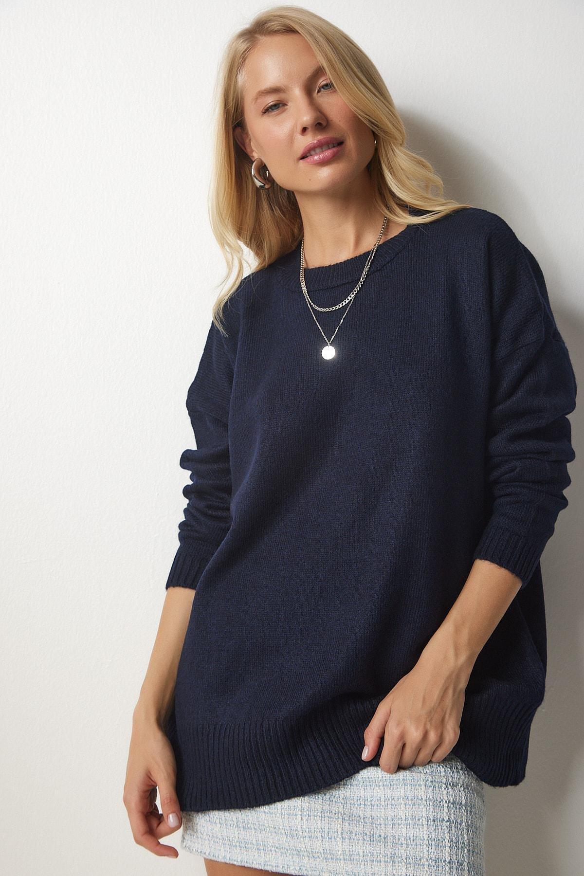 Navy Crew Neck Oversized Knitwear Sweater, Navy blue, large image number 0