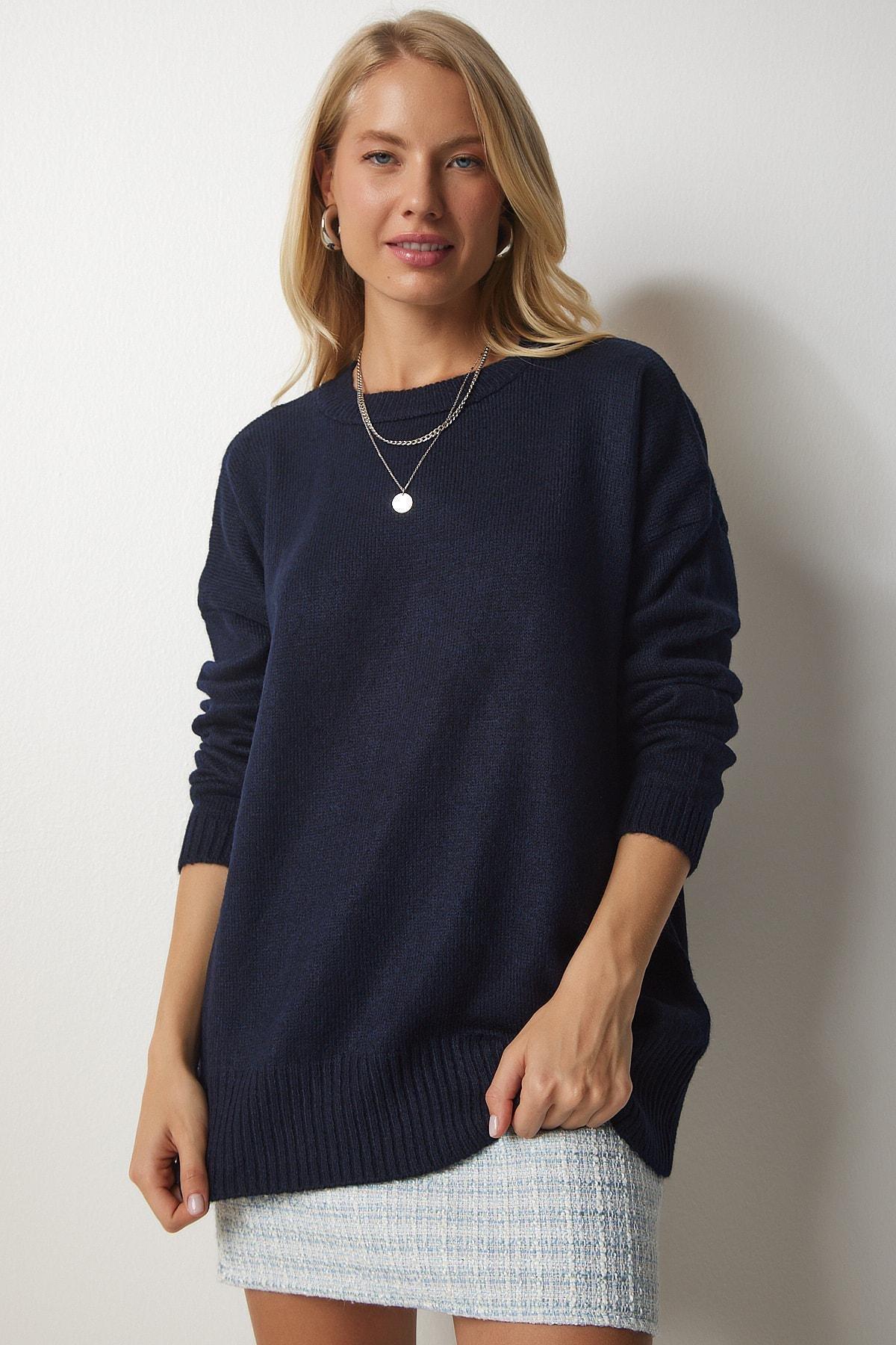 Navy Crew Neck Oversized Knitwear Sweater, Navy blue, large image number 1