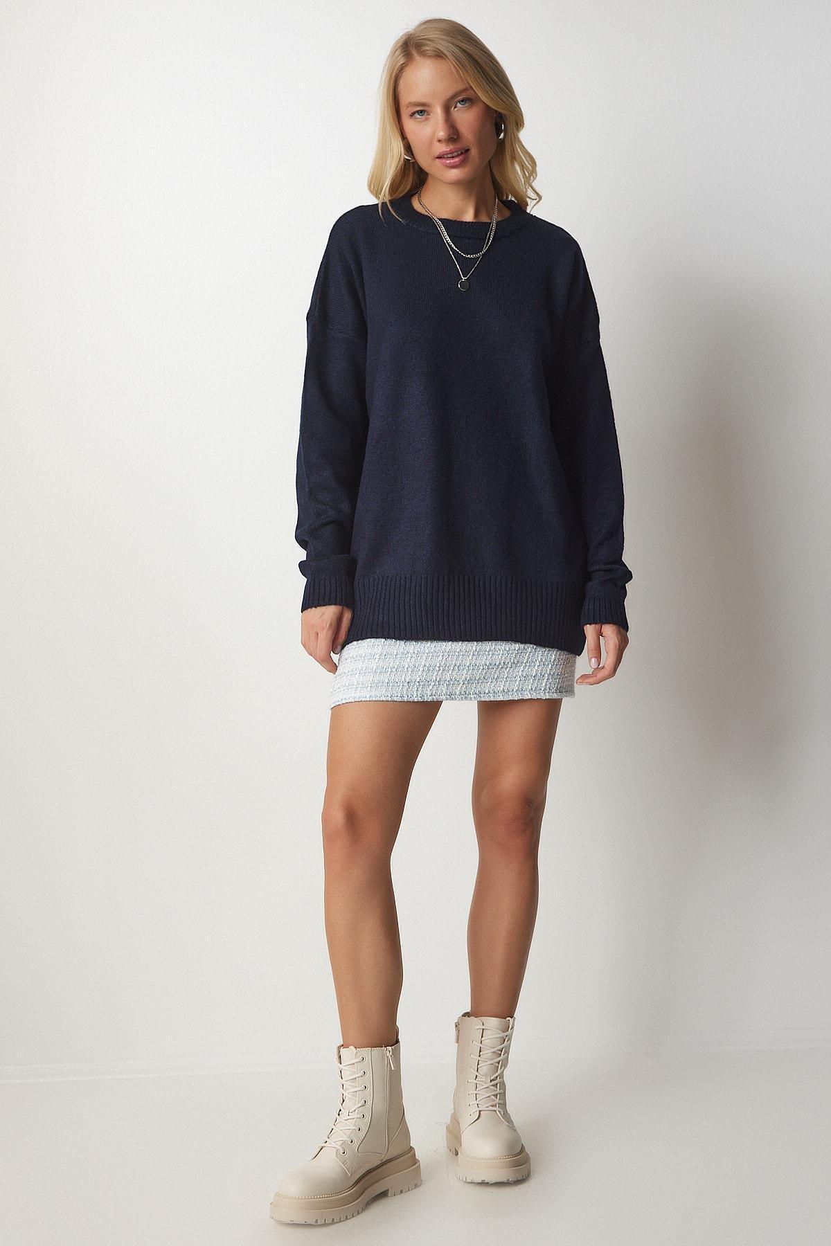 Navy Crew Neck Oversized Knitwear Sweater, Navy blue, large image number 2