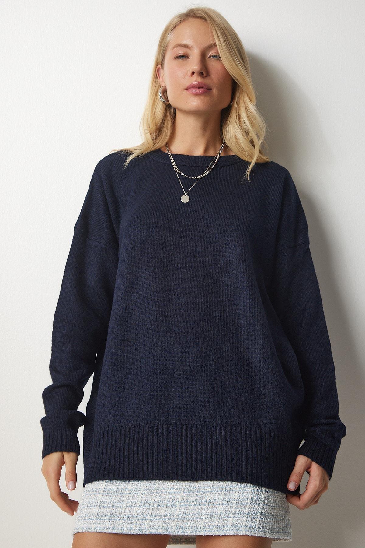 Navy Crew Neck Oversized Knitwear Sweater, Navy blue, large image number 3