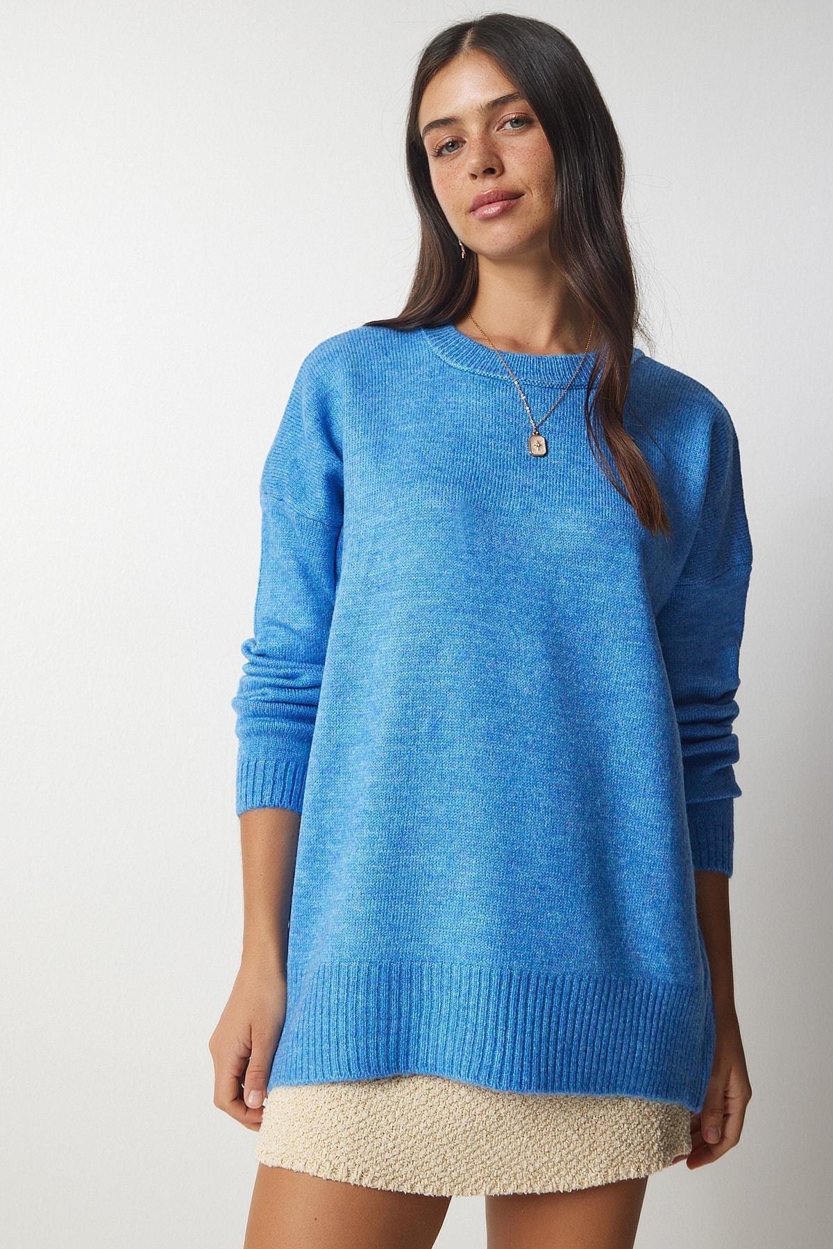 Blue Crew Neck Oversized Knitwear Sweater, SKY BLUE, large image number 0