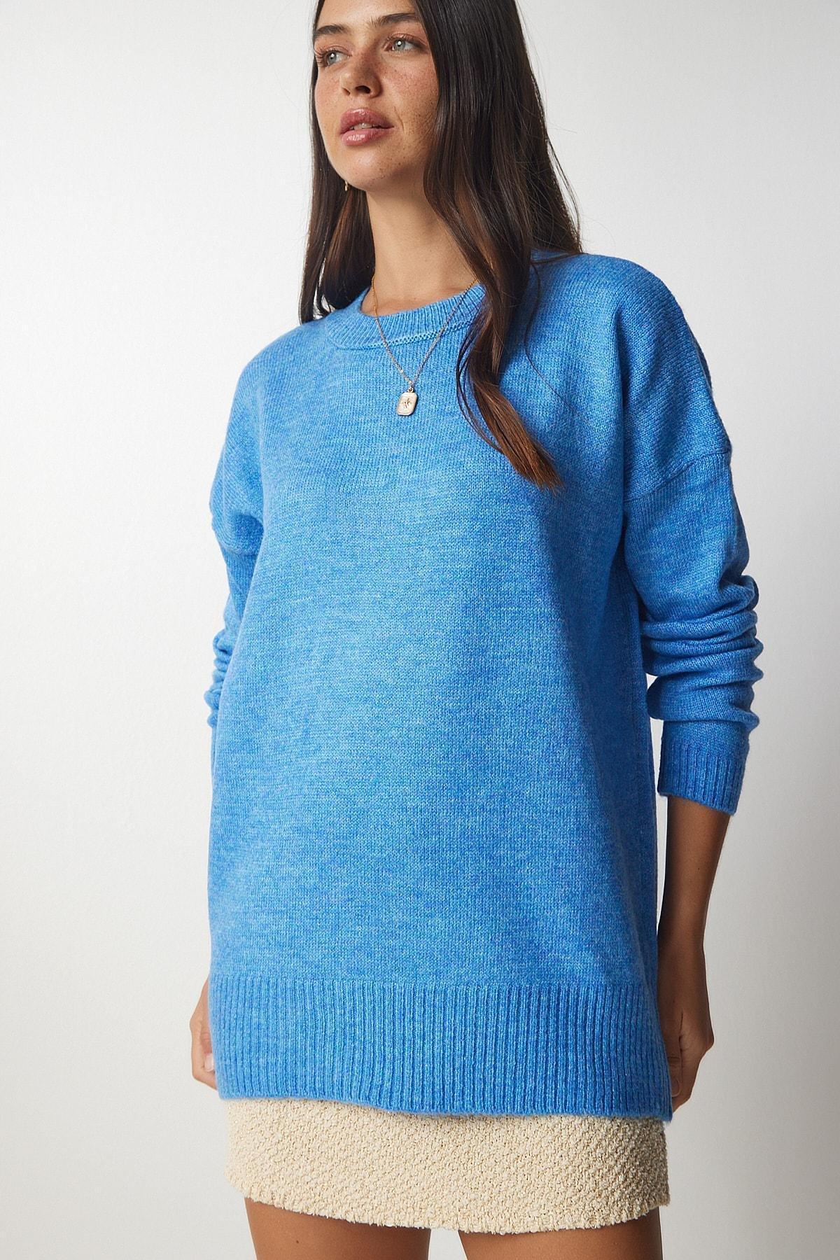 Blue Crew Neck Oversized Knitwear Sweater, SKY BLUE, large image number 1