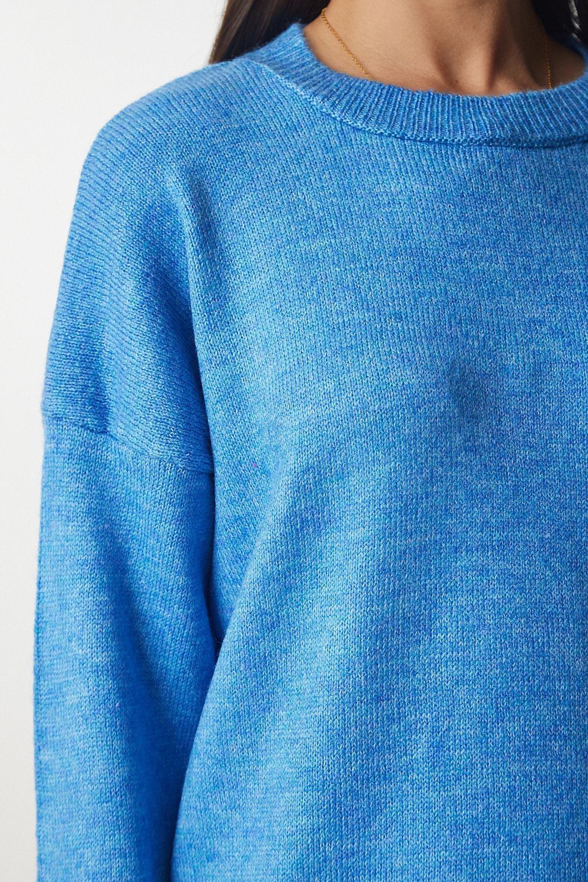 Blue Crew Neck Oversized Knitwear Sweater, SKY BLUE, large image number 3