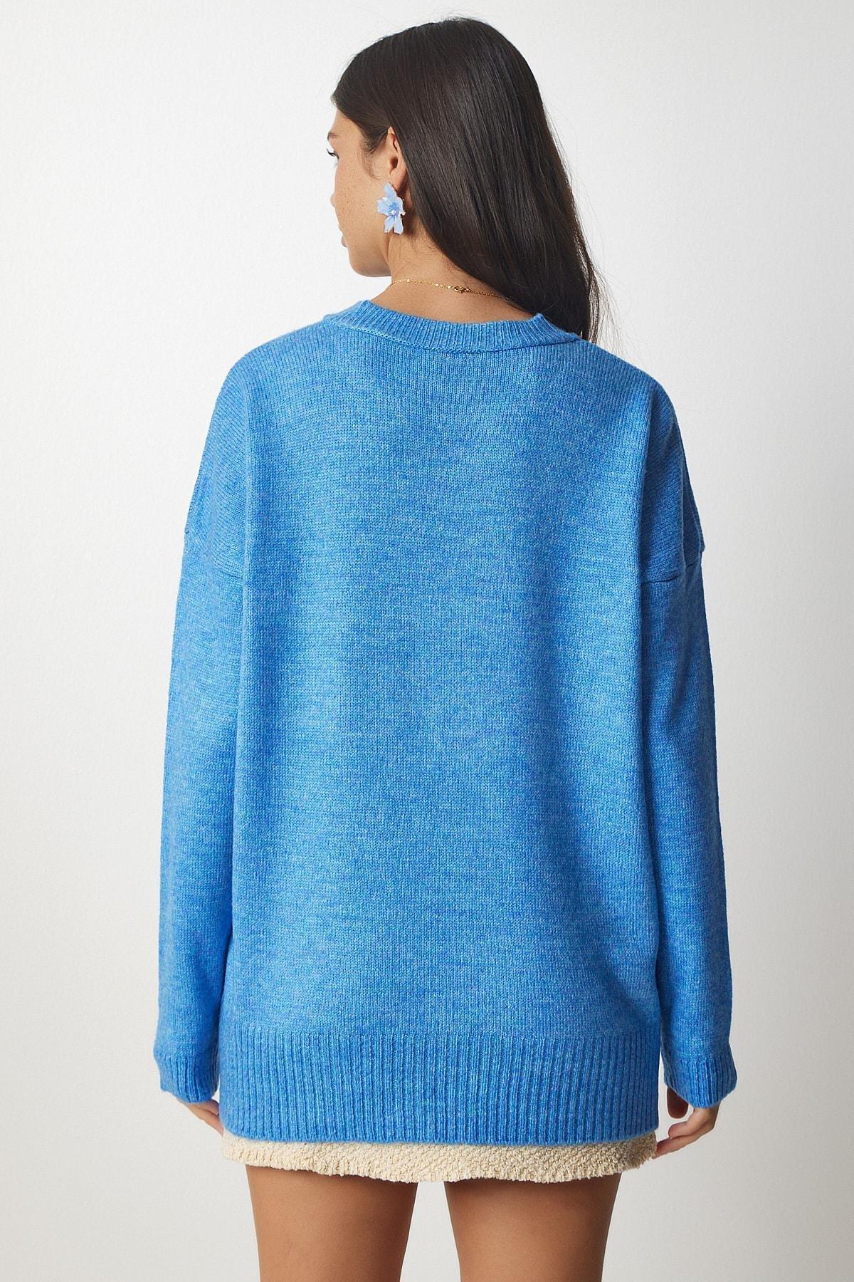 Blue Crew Neck Oversized Knitwear Sweater, SKY BLUE, large image number 4