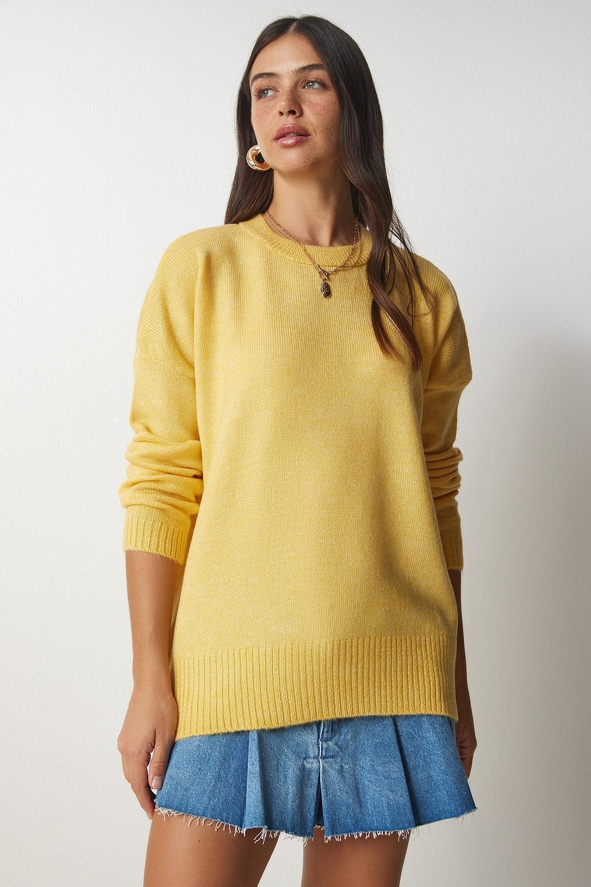 Yellow Crewneck Oversized Knitwear Sweater, Yellow, large image number 0