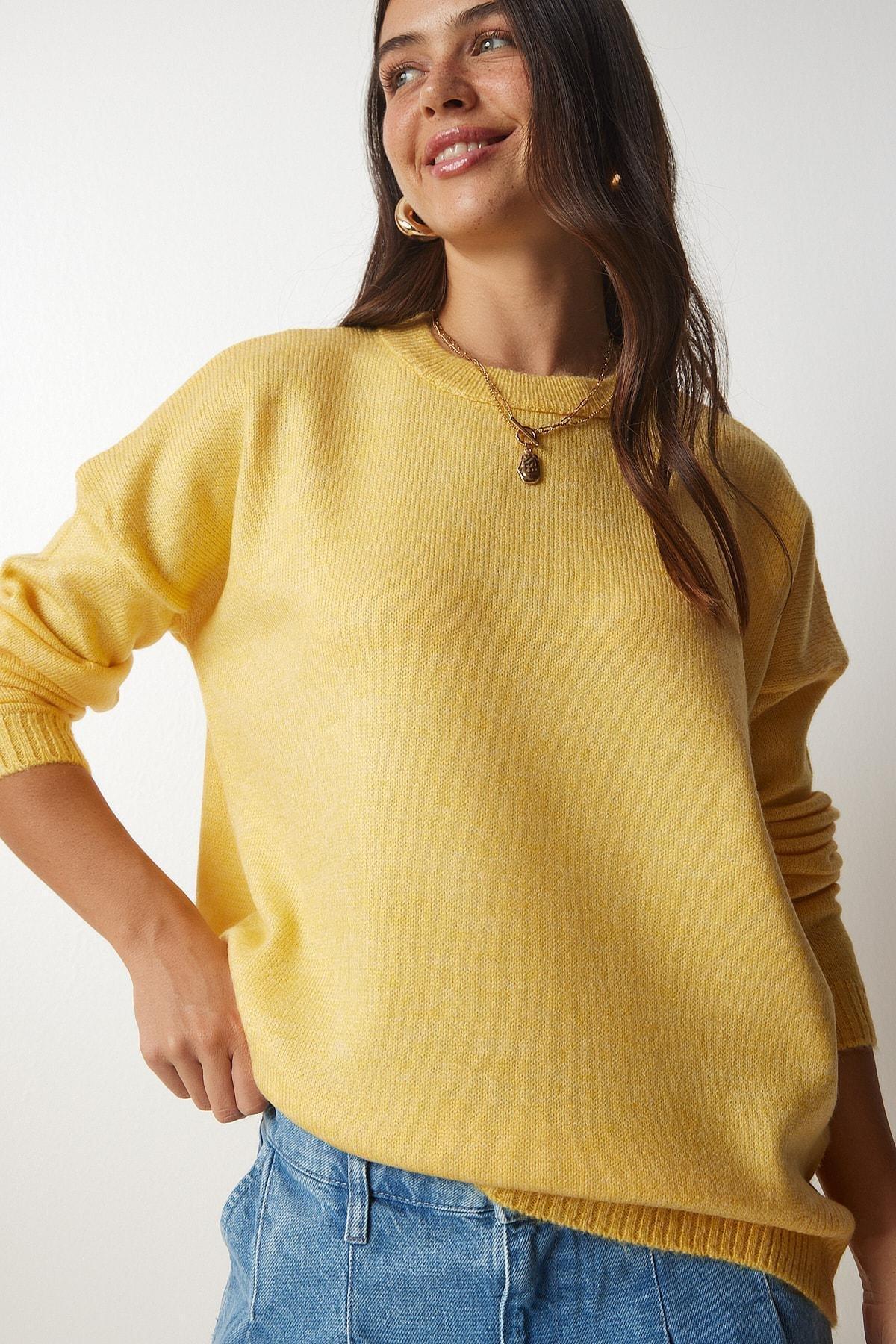 Yellow Crewneck Oversized Knitwear Sweater, Yellow, large image number 1