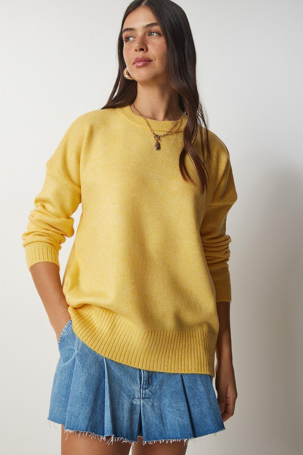 Yellow Crewneck Oversized Knitwear Sweater, Yellow, large image number 2