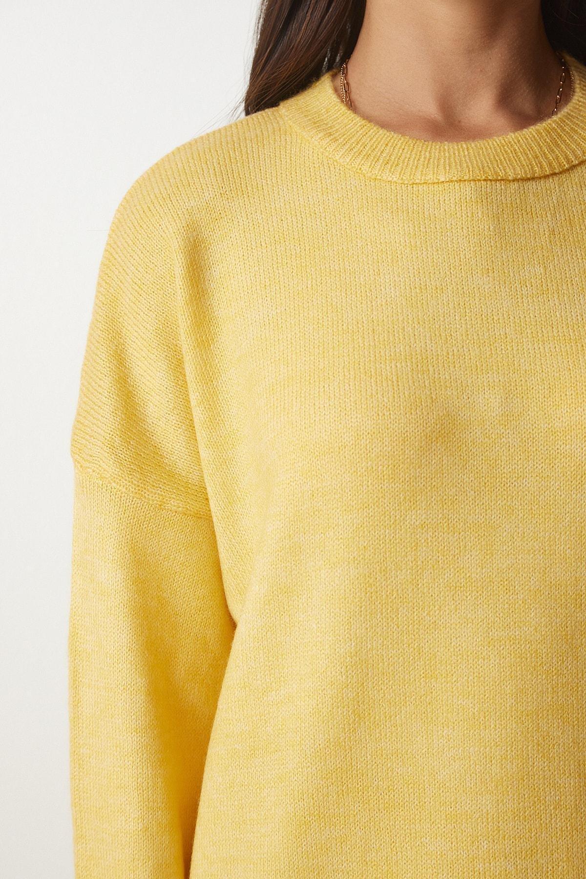 Yellow Crewneck Oversized Knitwear Sweater, Yellow, large image number 3