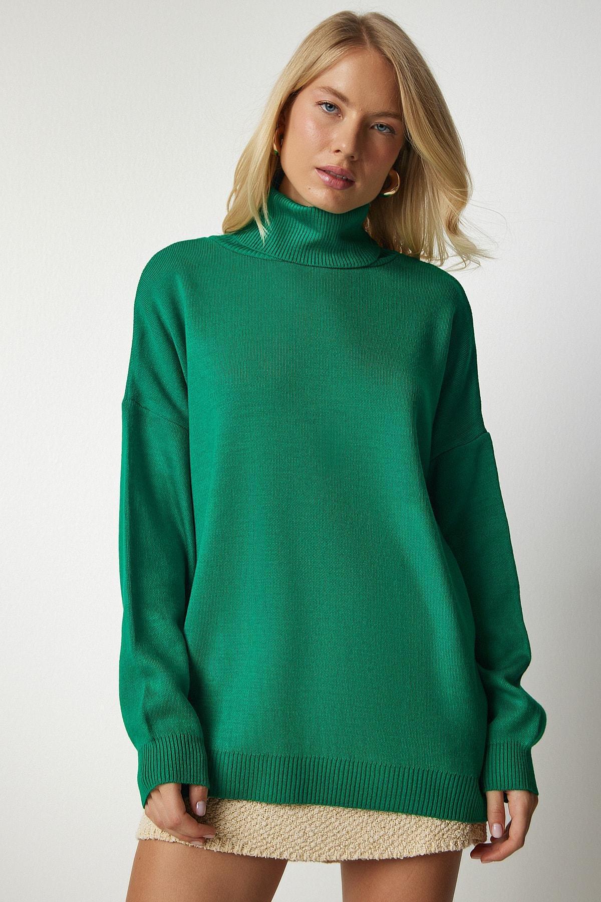 Green Turtleneck Oversized Knitwear Sweater, Green, large image number 0