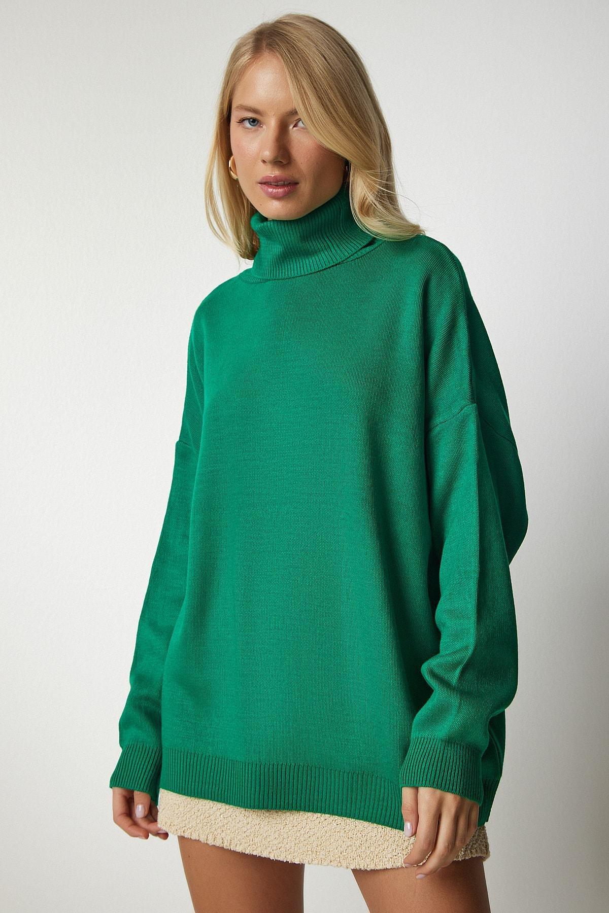 Green Turtleneck Oversized Knitwear Sweater, Green, large image number 1
