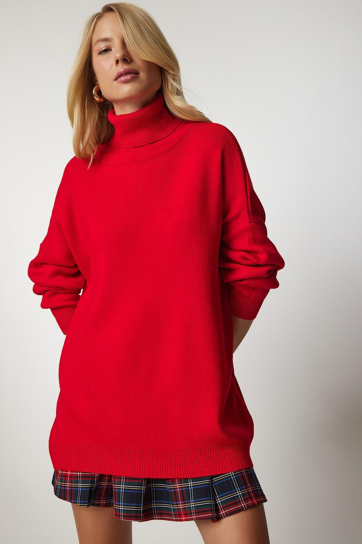 Red Turtleneck Oversized Knitwear Sweater, Red, large image number 0