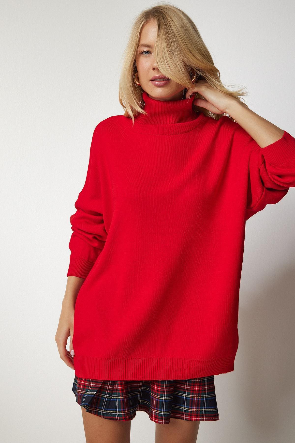 Red Turtleneck Oversized Knitwear Sweater, Red, large image number 1