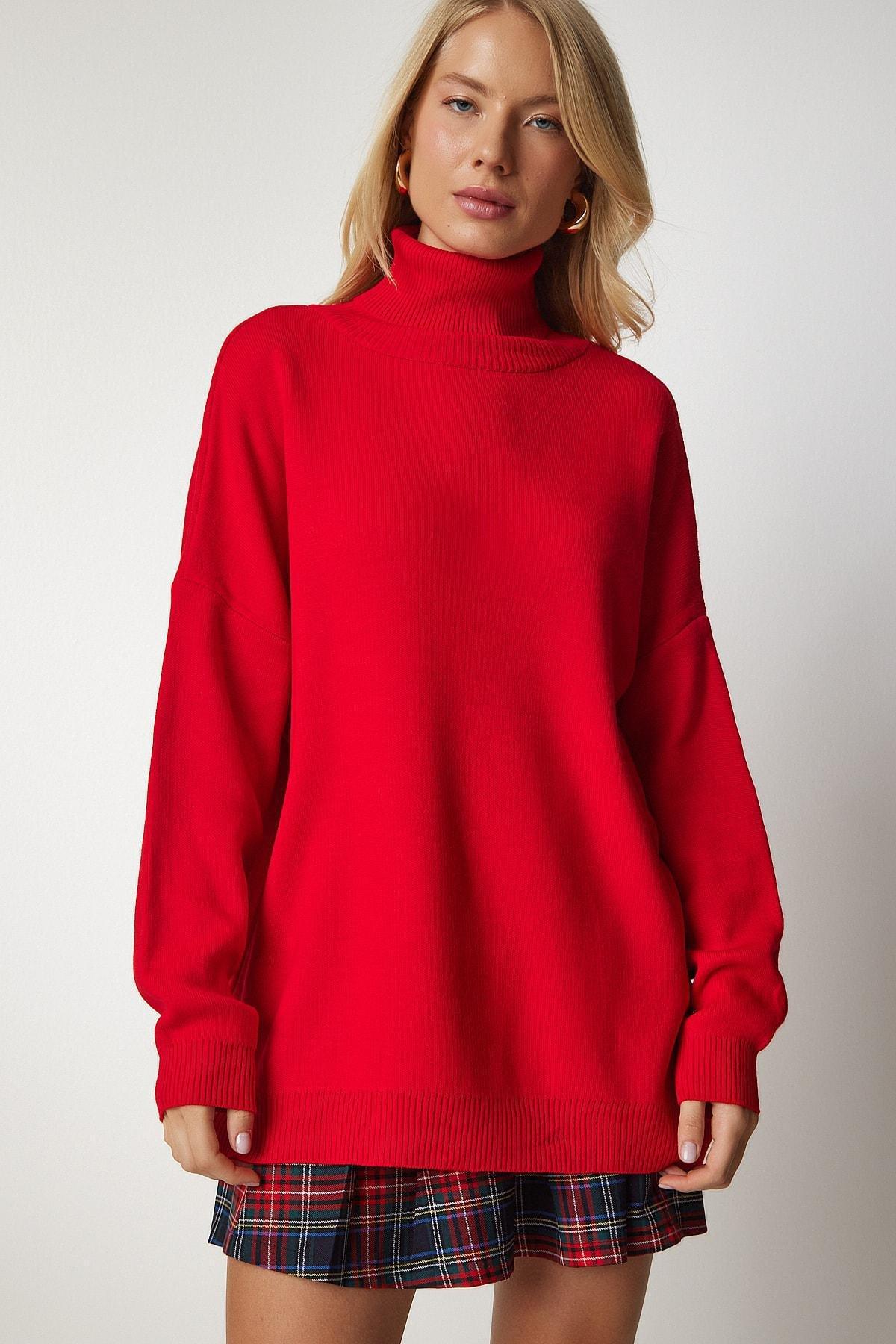 Red Turtleneck Oversized Knitwear Sweater, Red, large image number 2