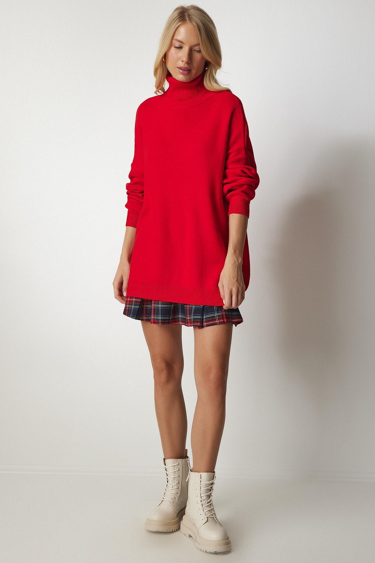 Red Turtleneck Oversized Knitwear Sweater, Red, large image number 3