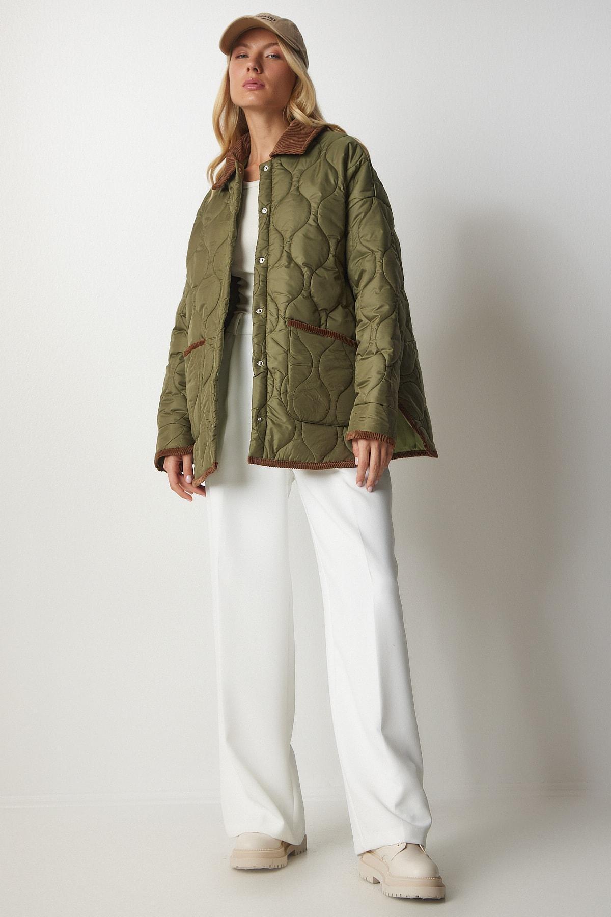Khaki Polo Neck Pocket Quilted Coat, , large image number 0