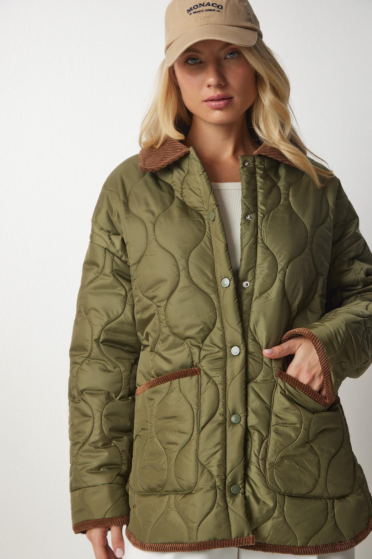 Khaki Polo Neck Pocket Quilted Coat, , large image number 1