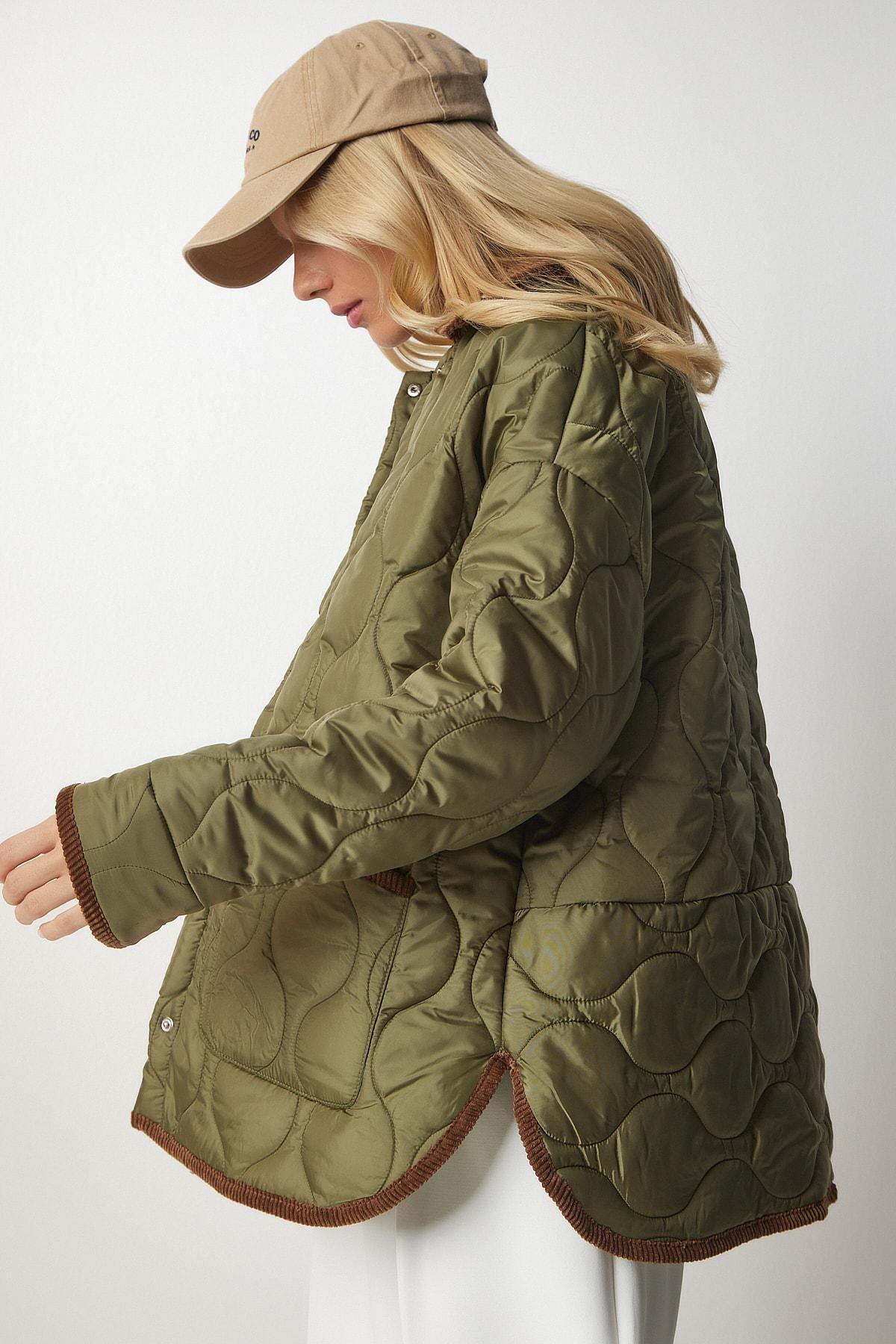 Khaki Polo Neck Pocket Quilted Coat, , large image number 2