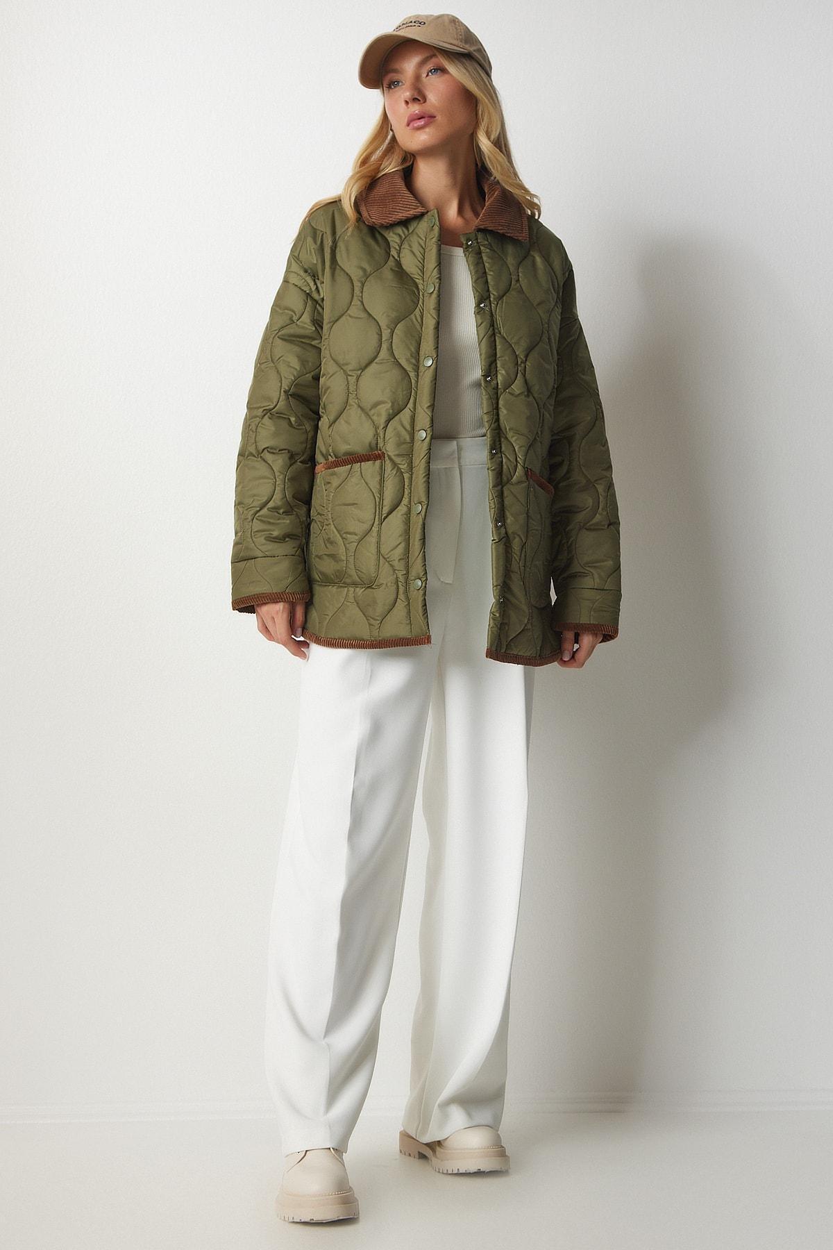 Khaki Polo Neck Pocket Quilted Coat, , large image number 3
