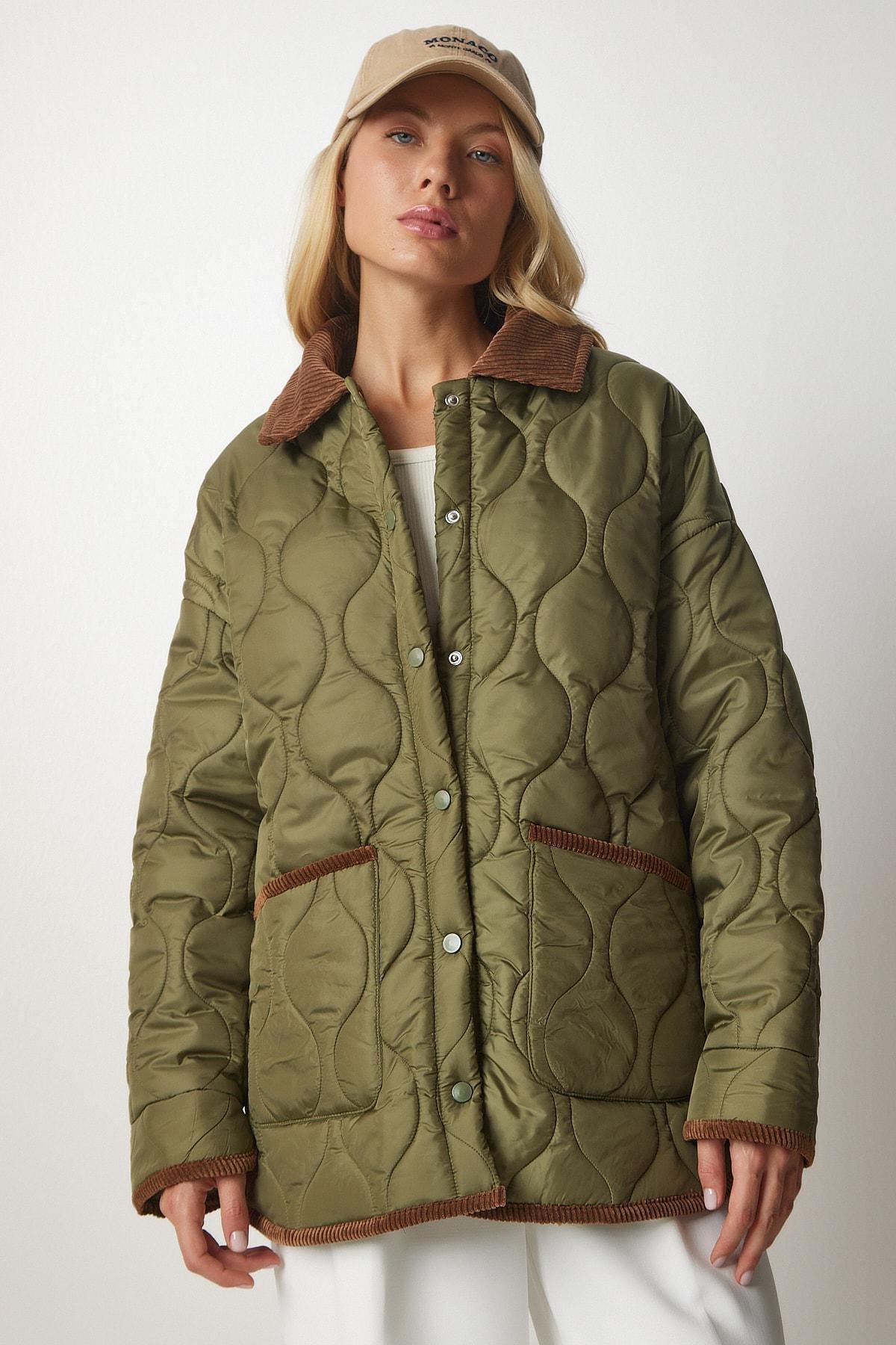 Khaki Polo Neck Pocket Quilted Coat, , large image number 4