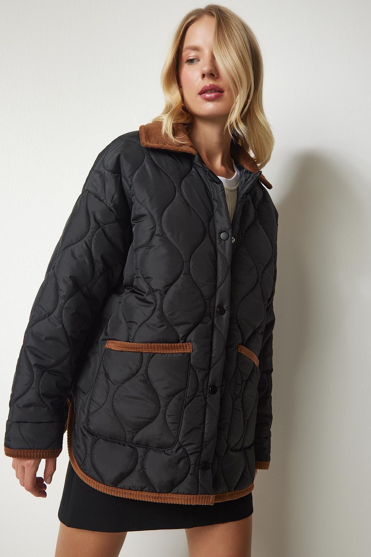 Black Polo Neck Pocket Quilted Coat, BLACK, large image number 0