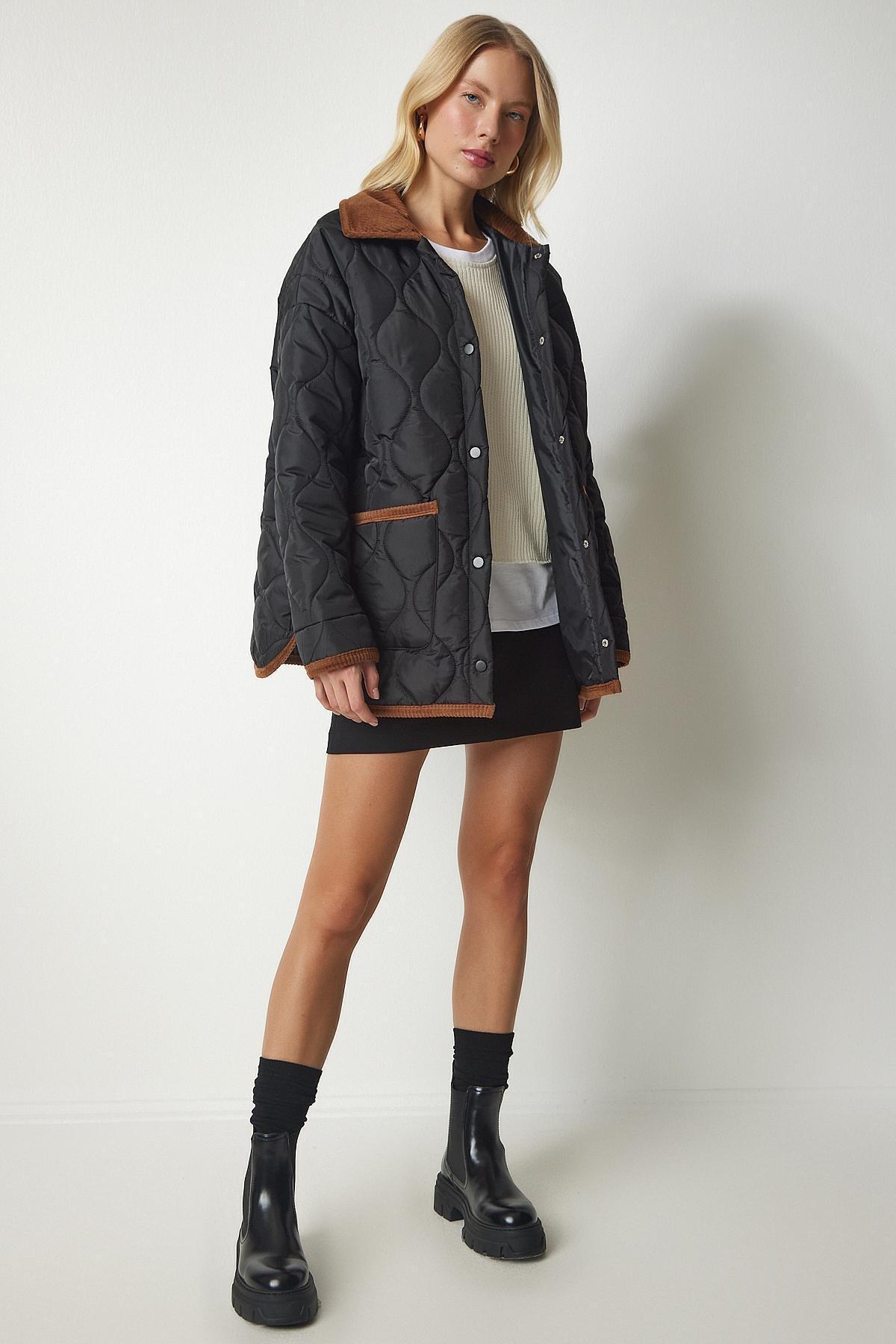 Black Polo Neck Pocket Quilted Coat, BLACK, large image number 1