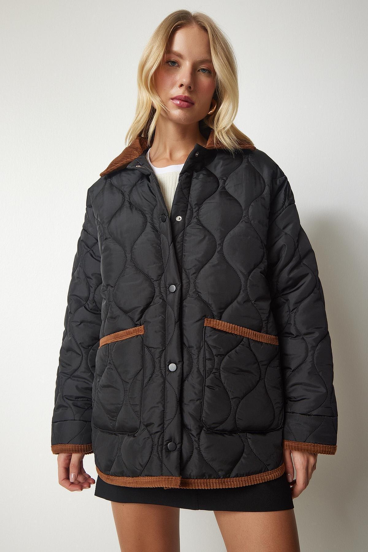 Black Polo Neck Pocket Quilted Coat, BLACK, medium