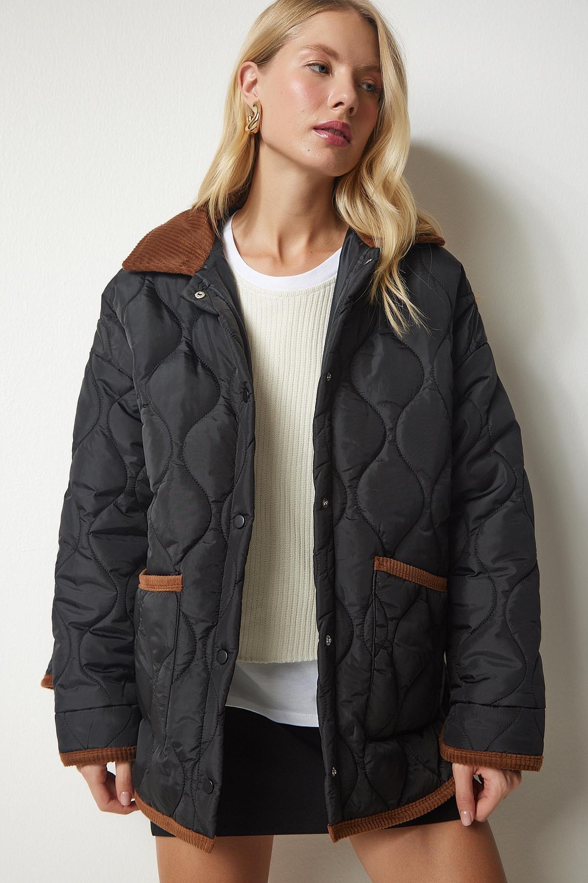 Black Polo Neck Pocket Quilted Coat, BLACK, large image number 3