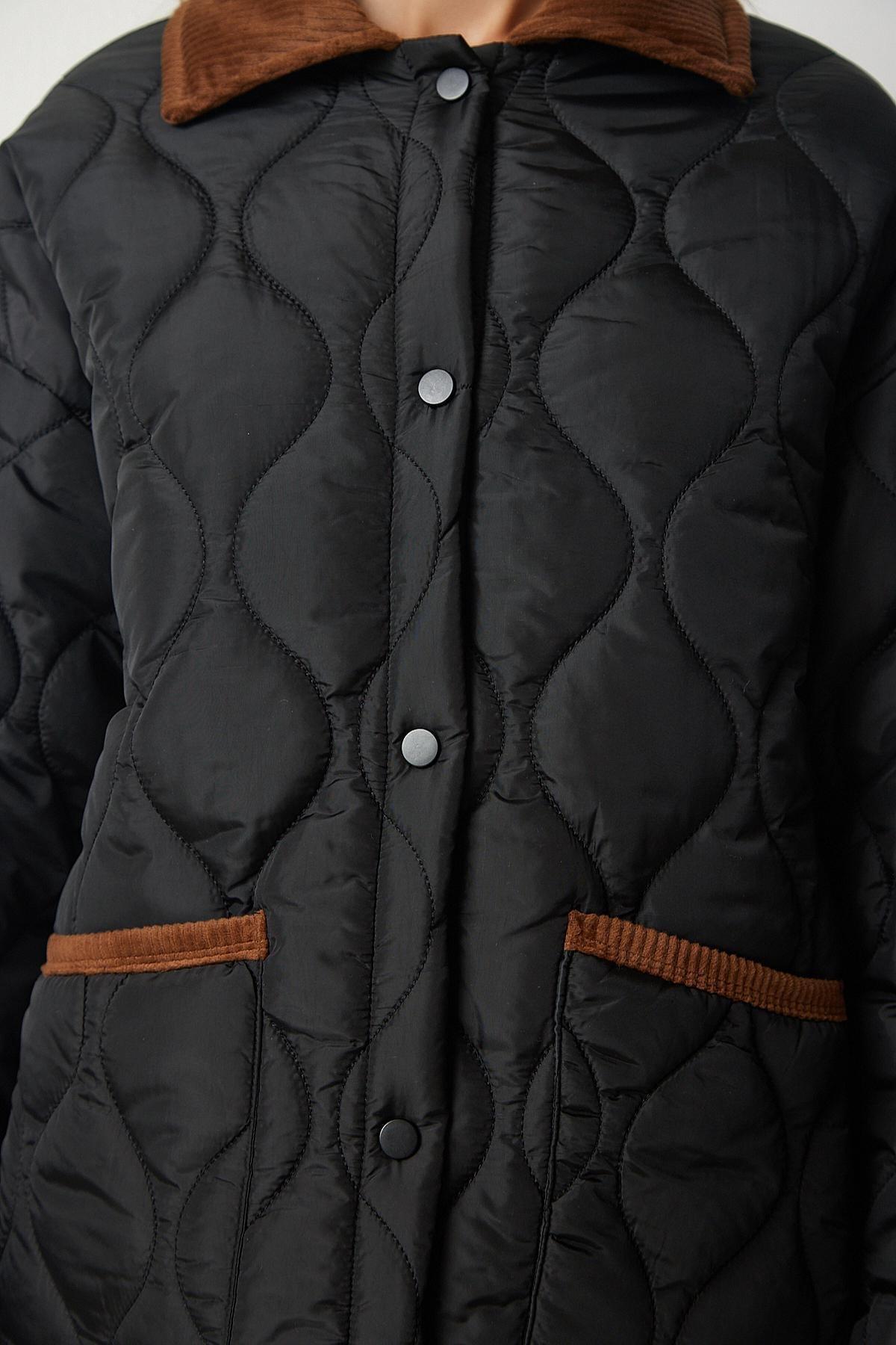 Black Polo Neck Pocket Quilted Coat, BLACK, large image number 4