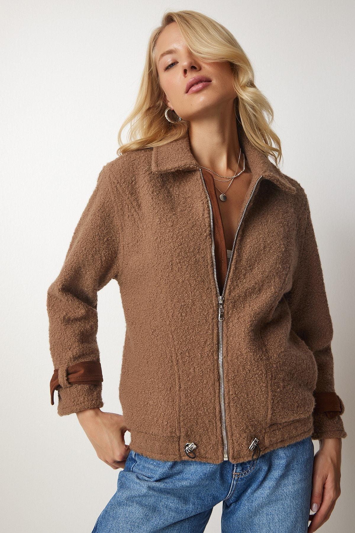 Beige Polo Neck Boucle Jacket, , large image number 0