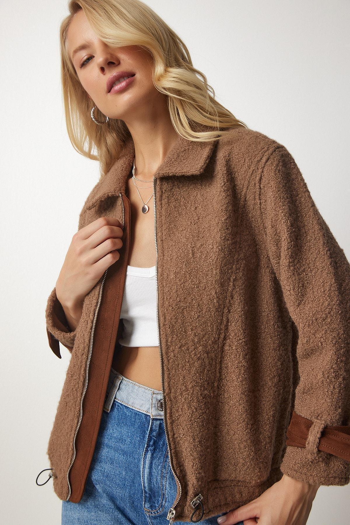 Beige Polo Neck Boucle Jacket, , large image number 1
