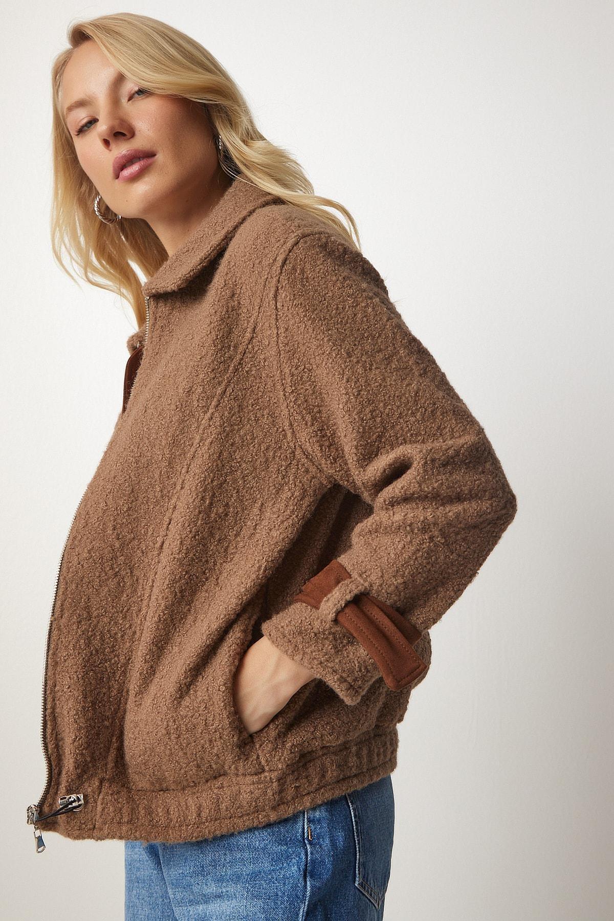 Beige Polo Neck Boucle Jacket, , large image number 3