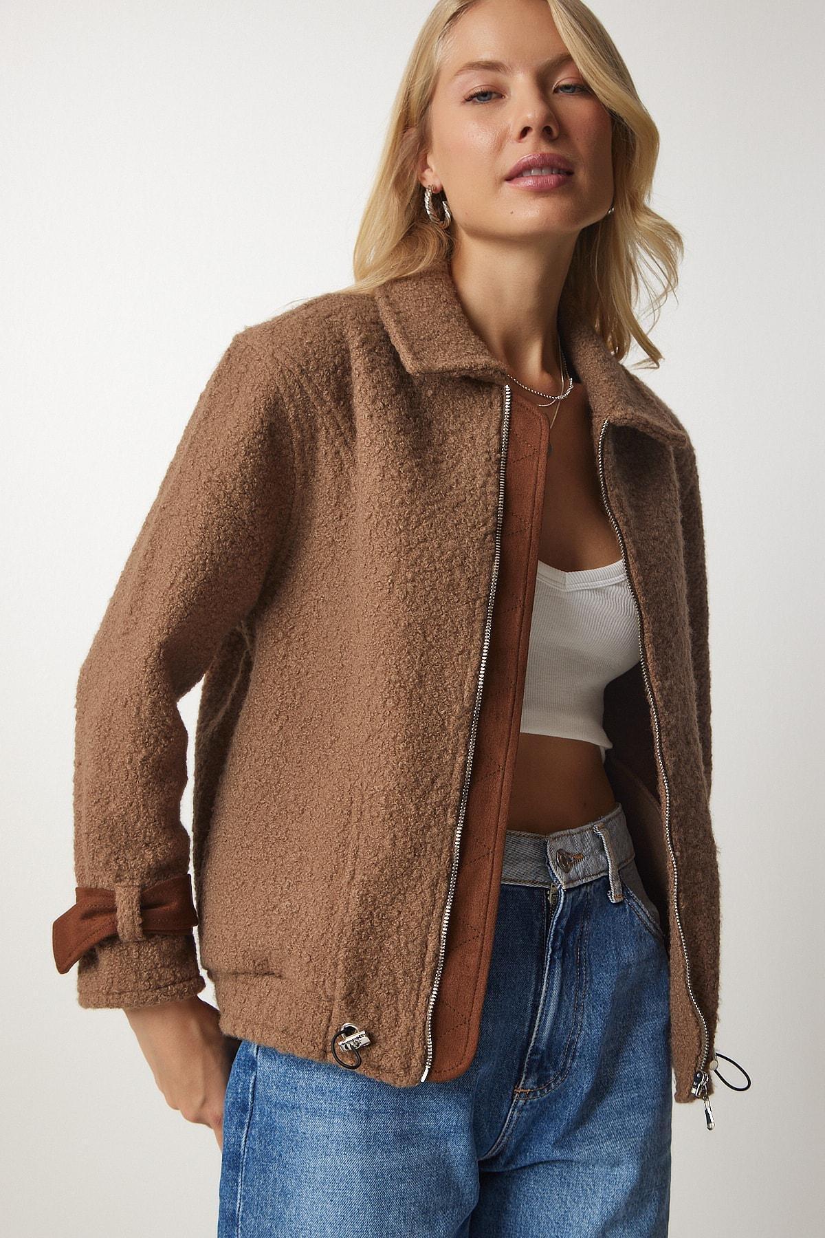 Beige Polo Neck Boucle Jacket, , large image number 4