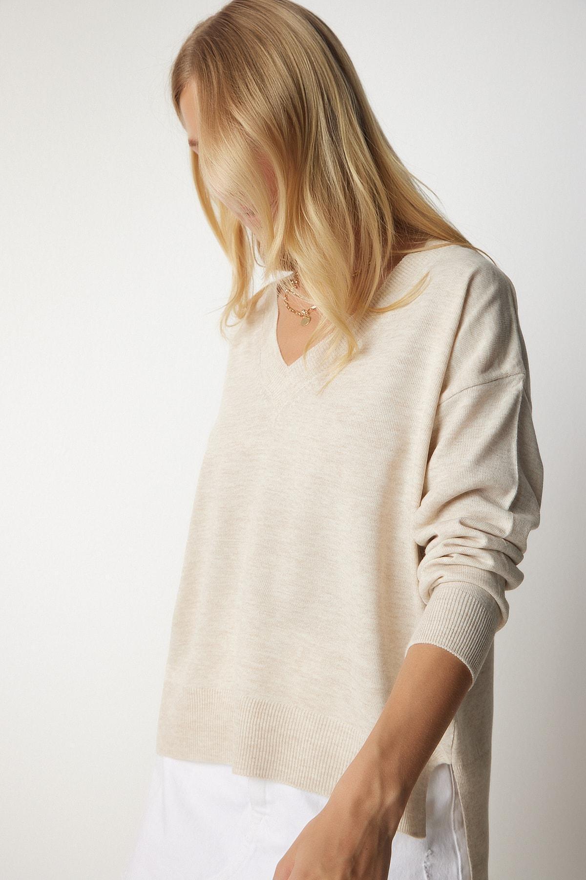 Cream V-Neck Oversized Knitwear Sweater, Cream, large image number 0