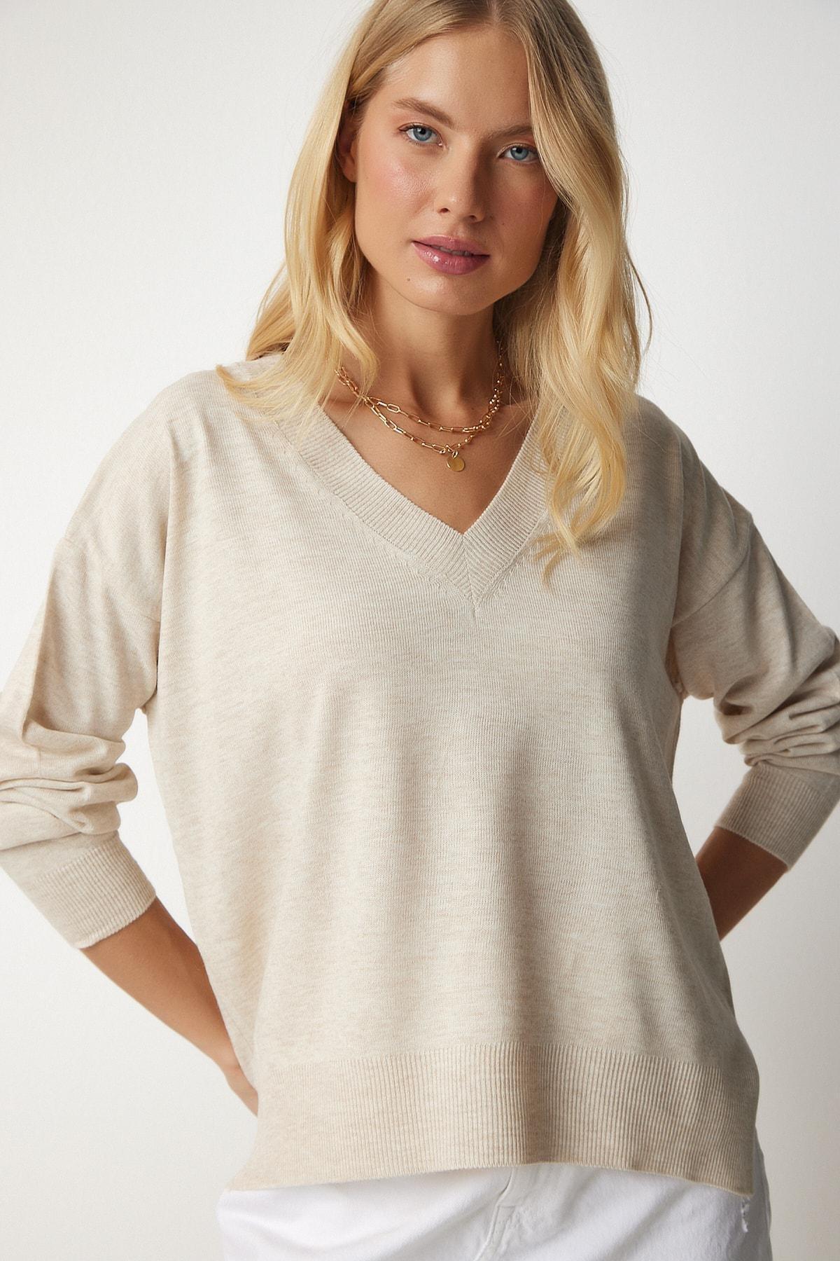 Cream V-Neck Oversized Knitwear Sweater, Cream, large image number 3
