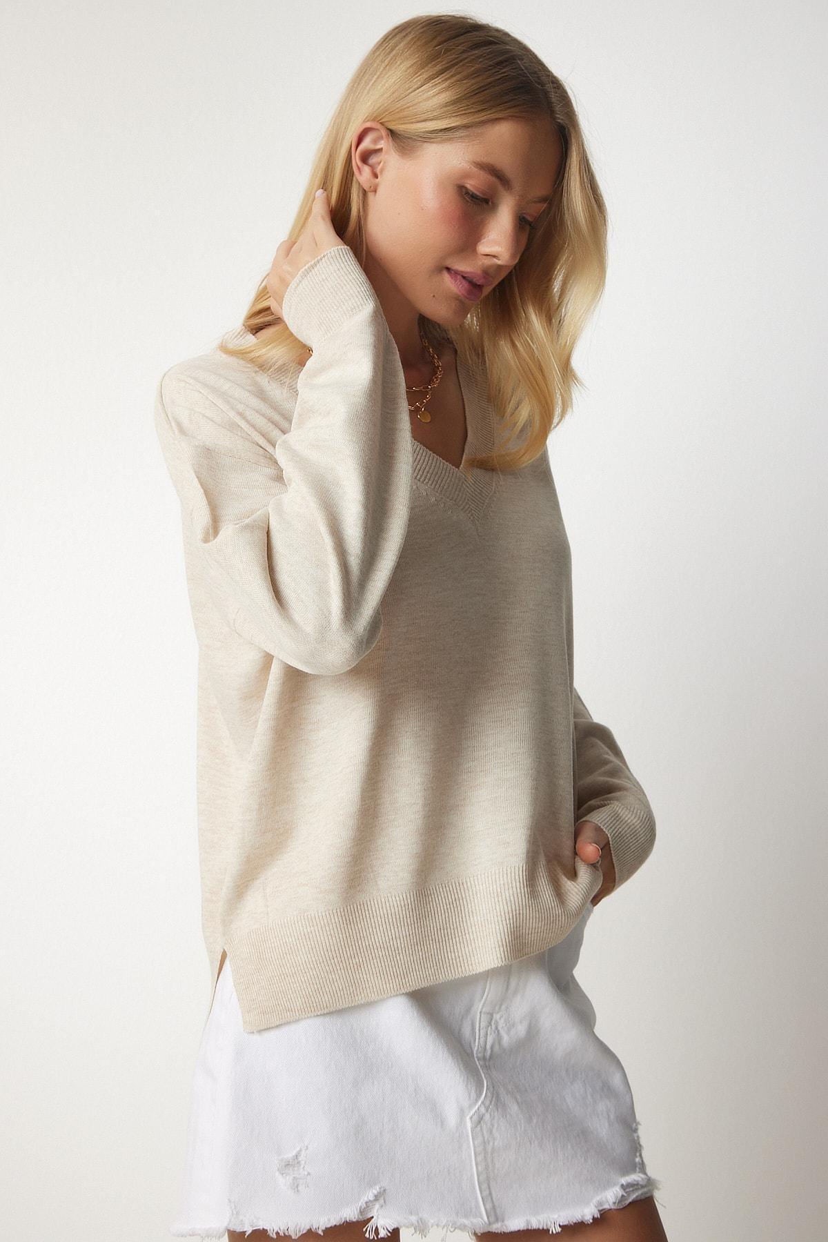 Cream V-Neck Oversized Knitwear Sweater, Cream, large image number 4