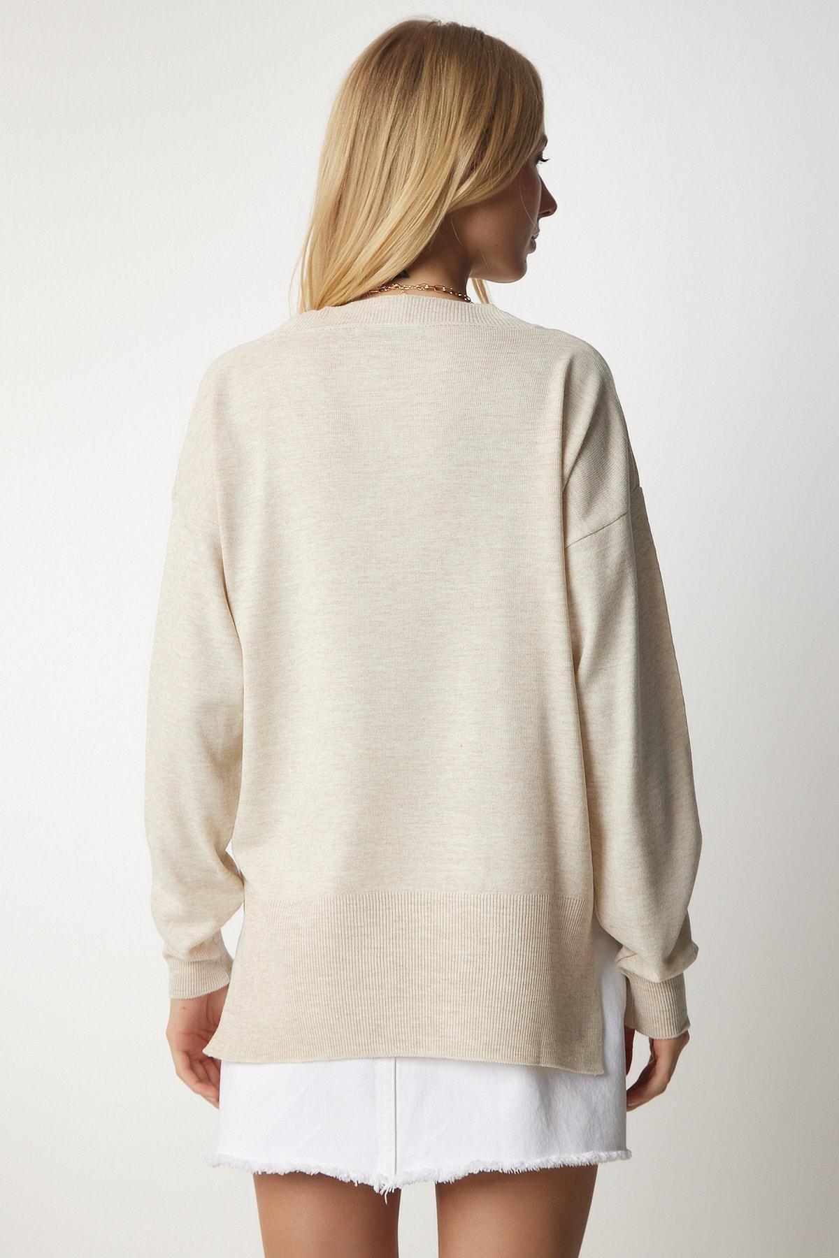 Cream V-Neck Oversized Knitwear Sweater, Cream, large image number 5