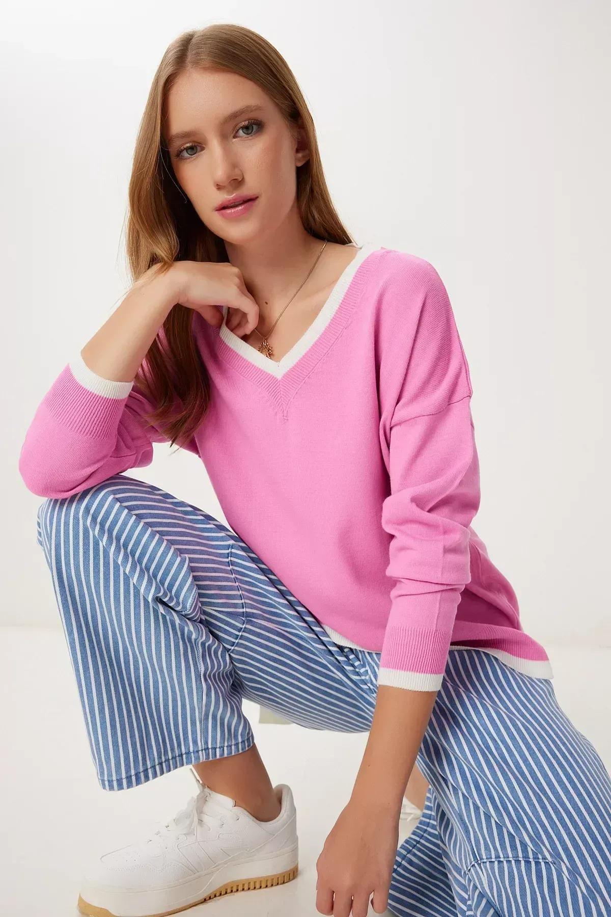 Pink V-Neck Oversize Knitwear Sweater, Pink, large image number 0