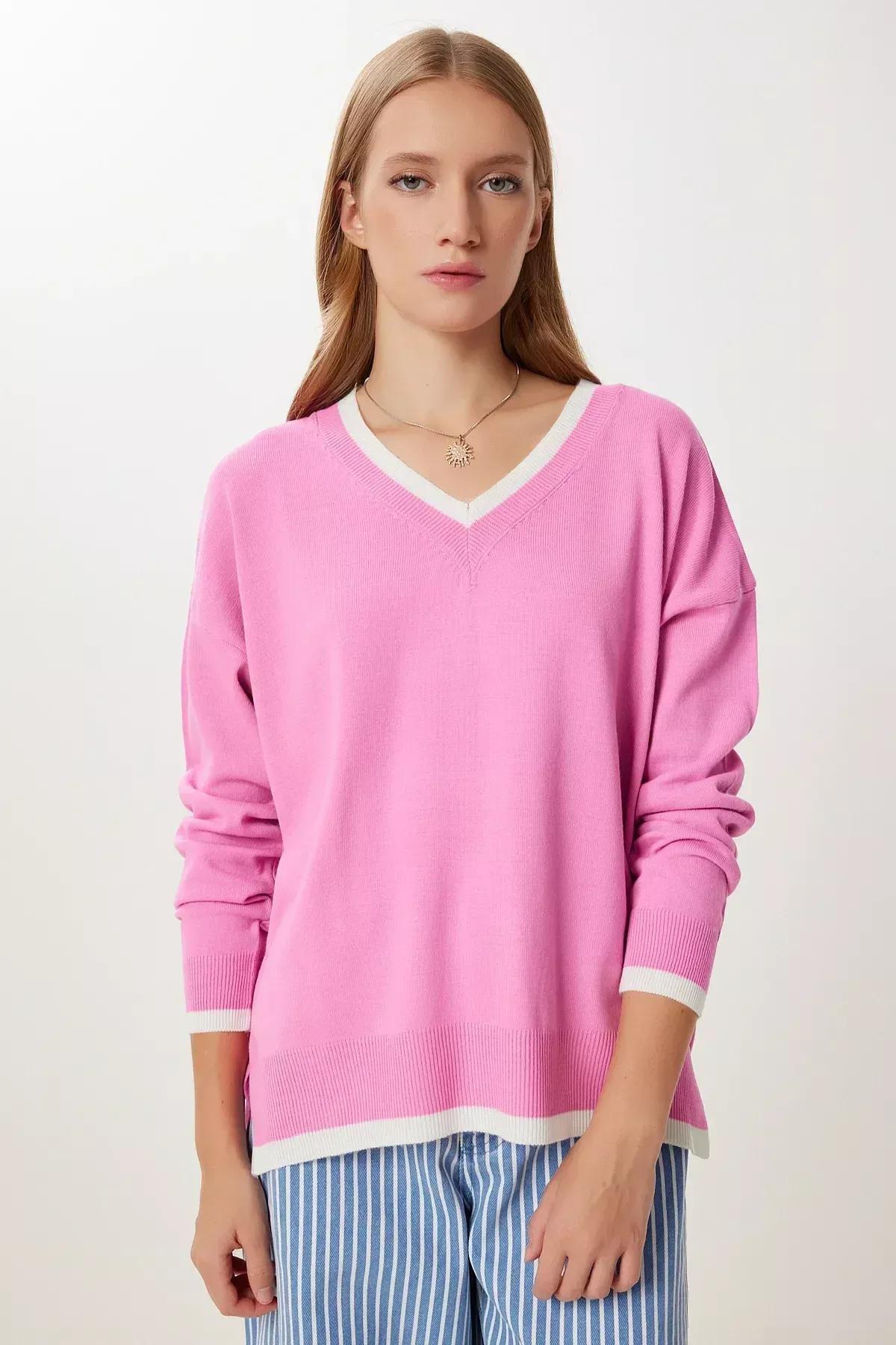Pink V-Neck Oversize Knitwear Sweater, Pink, large image number 1