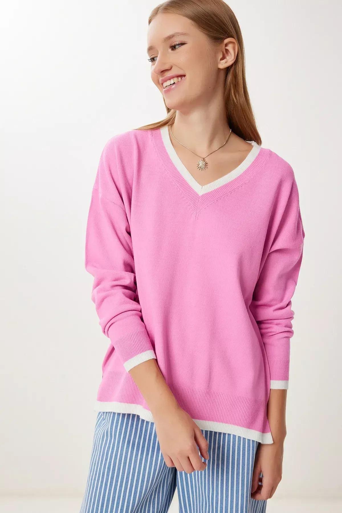 Pink V-Neck Oversize Knitwear Sweater, Pink, large image number 2