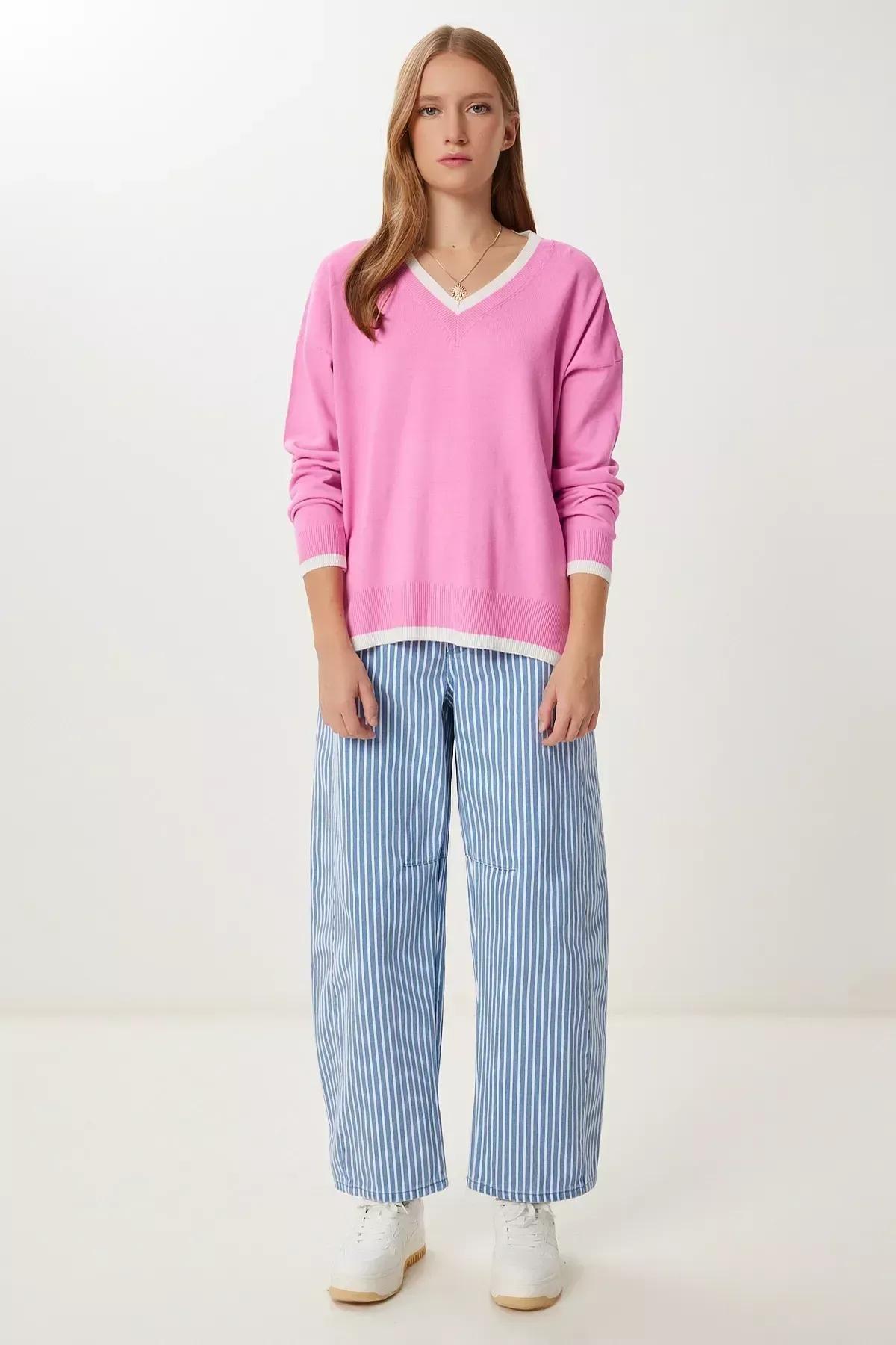 Pink V-Neck Oversize Knitwear Sweater, Pink, large image number 3