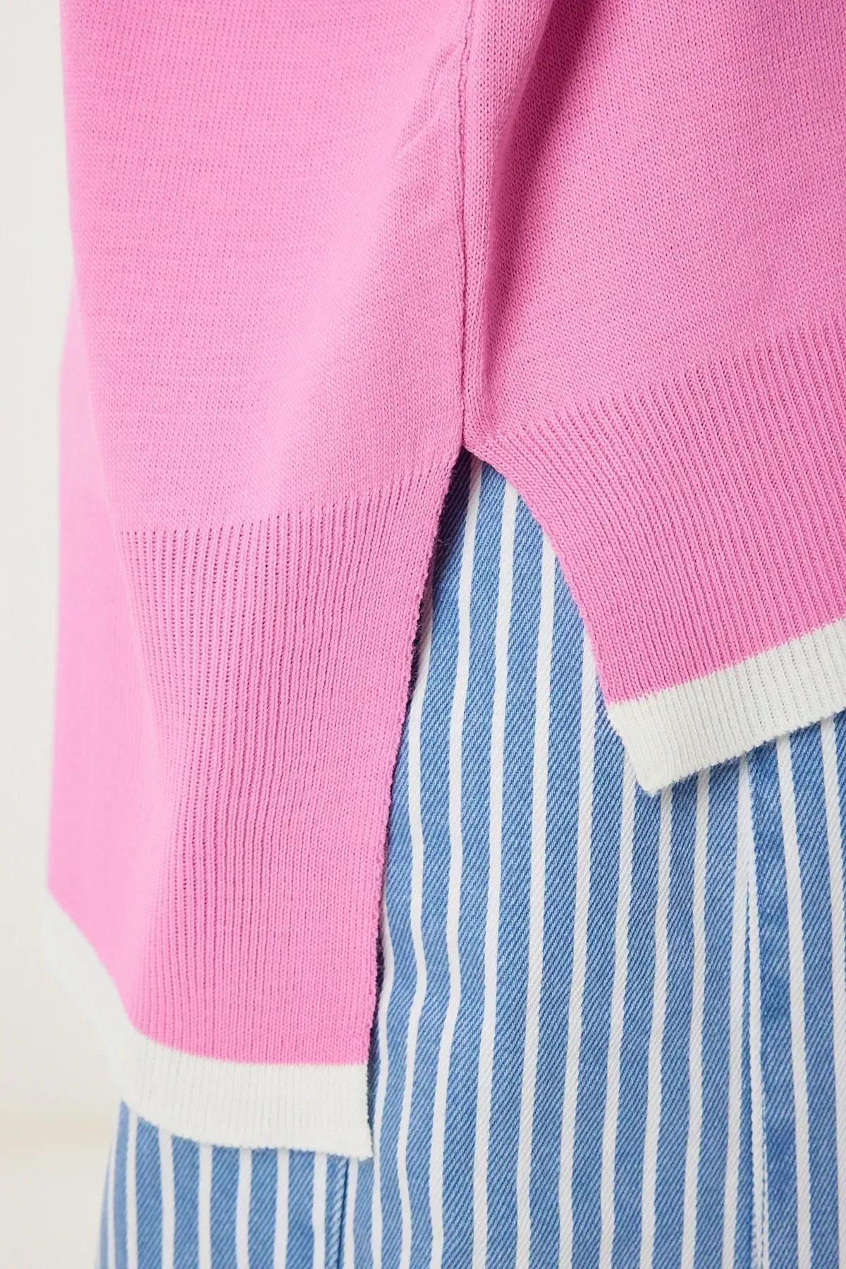 Pink V-Neck Oversize Knitwear Sweater, Pink, large image number 4