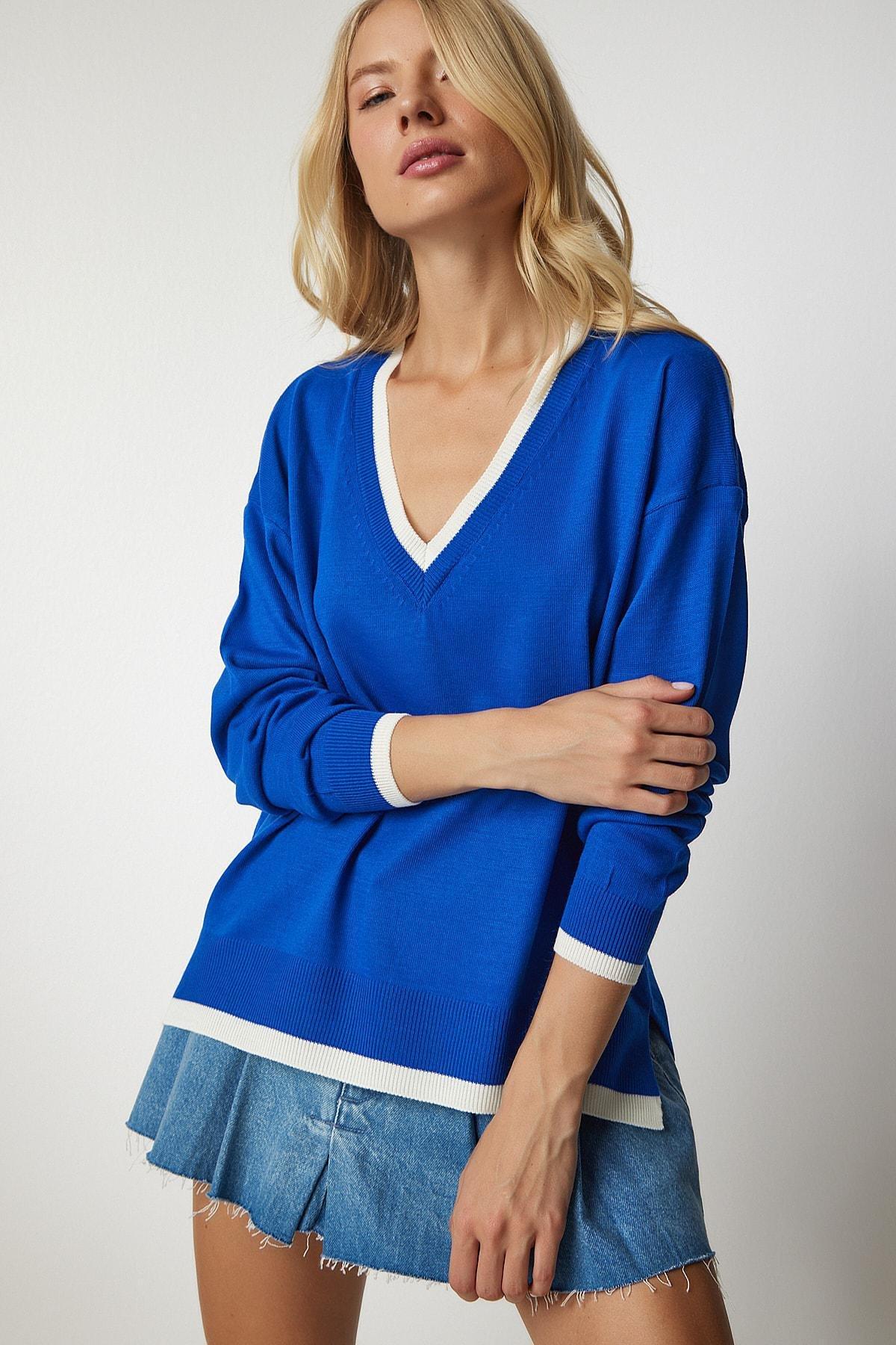 Blue V-Neck Oversize Knitwear Sweater, Blue, large image number 1