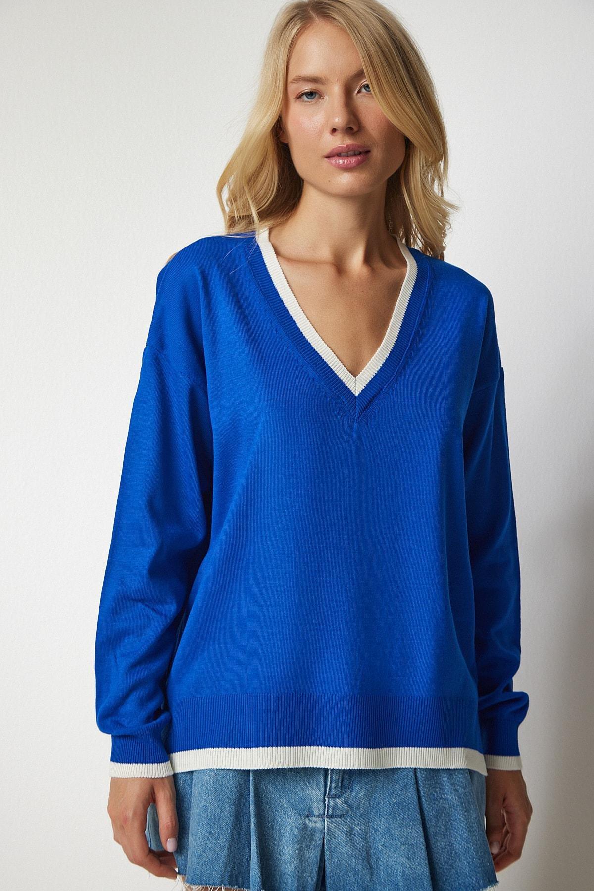 Blue V-Neck Oversize Knitwear Sweater, Blue, large image number 2